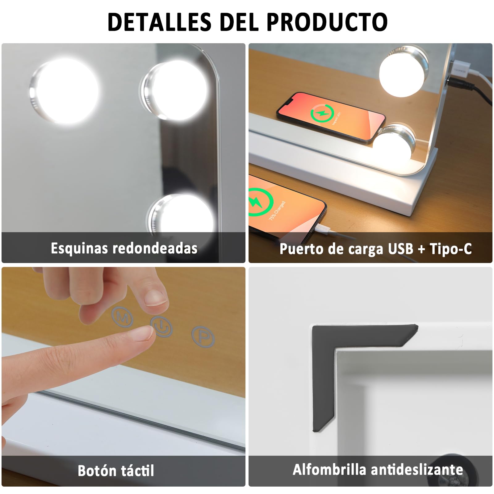 YU YUSING Hollywood Espejo Maquillaje con Luz 18 LED, 80 x 60cm, 3 Modos Iluminación Regulables, Espejo Tocador, Espejos de Mesa, USB, 10x, Vanity Mirror Tocador Dormitorio, Esquinas Redondas, Blanco