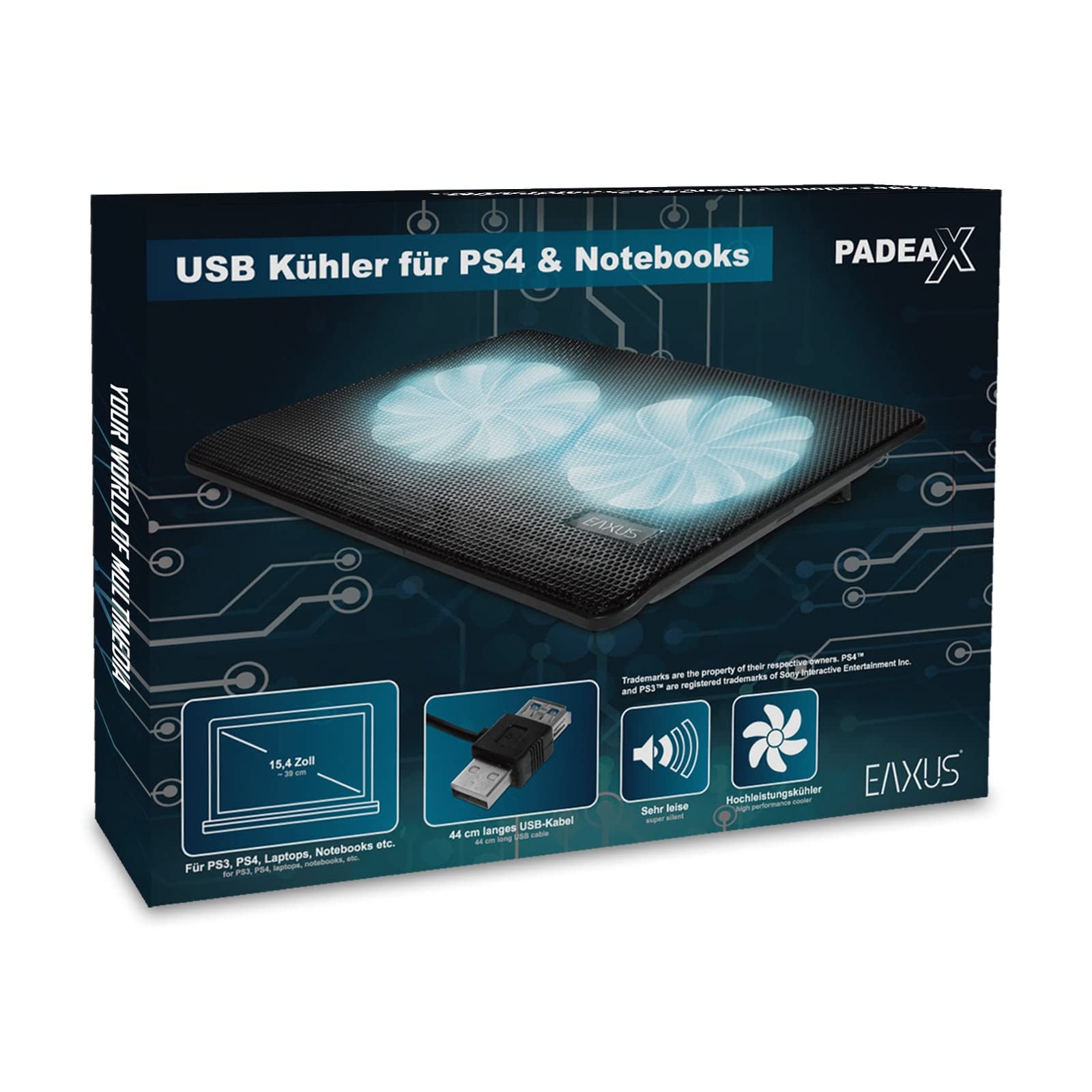 Eaxus® Padeax - Raffreddatore Premium adatto a laptop/notebook e PlayStation 5/4 - Supporto per ventola LED compatibile con PC, PS4, PS4 Pro, PS5 & Co.