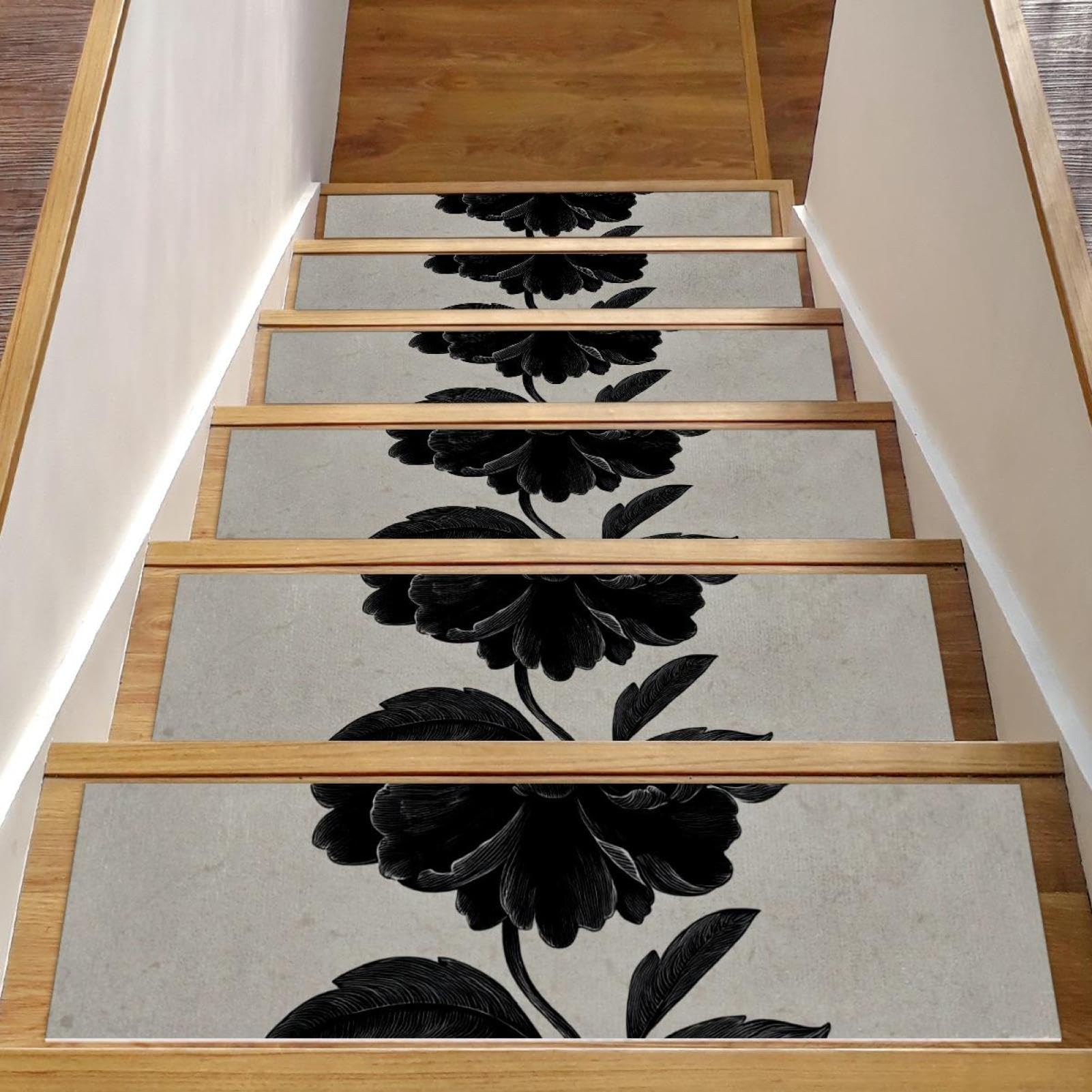 Finis les escaliers glissants : lot 15 tapis d'escalier antidérapants lavables motif floral noir
