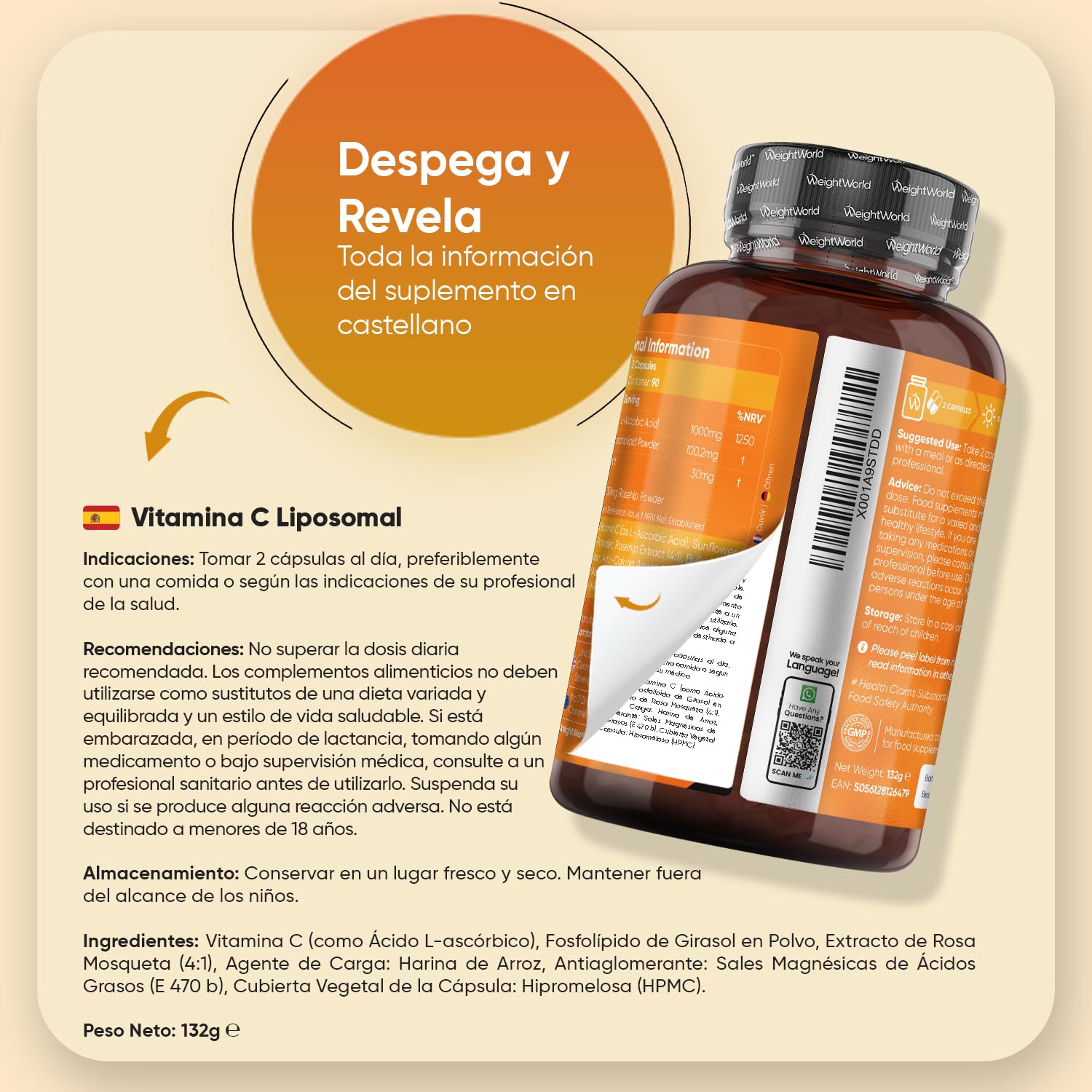 Vitamina C Liposomal 1000mg - 180 Cápsulas con Rosa Mosqueta - La Vitamina C Contribuye al Funcionamiento Normal del Sistema Inmunitario (EFSA) - Suplemento Vitamínico para 3 Meses, Vegano y Sin OGM