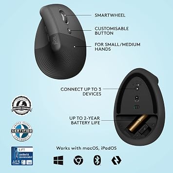 Logitech MX Keys Mini Keyboard and Lift Vertical Ergonomic Mouse Combo - Wireless, Backlit Keys, Bluetooth or Logi Bolt USB receiver, Quiet, Windows/macOS/iPadOS, Laptop, PC, QWERTY UK - Grey