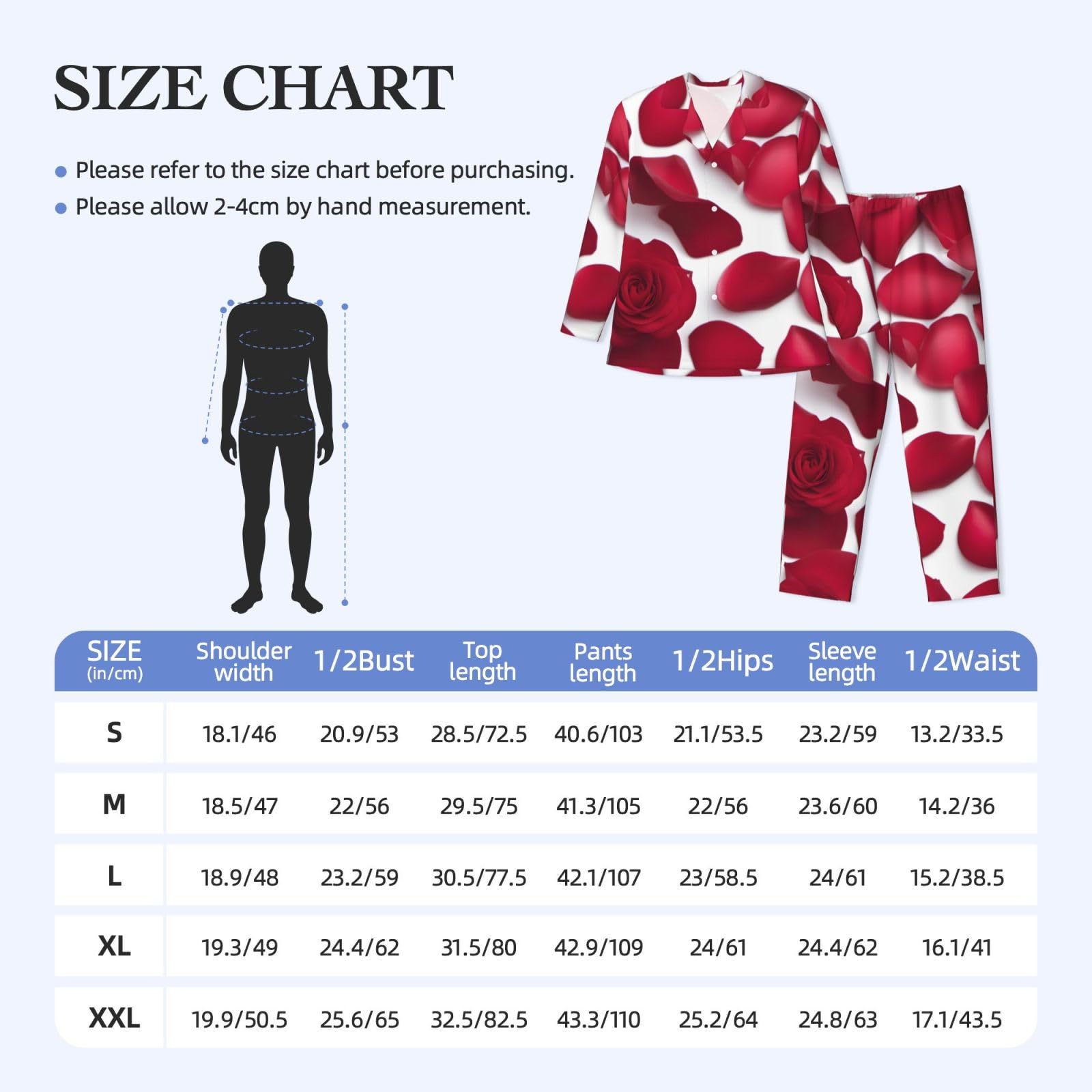 Set pigiama a maniche lunghe da uomo con stampa di petali di rosa rossa, abbigliamento da casa traspirante e accogliente per il fine settimana