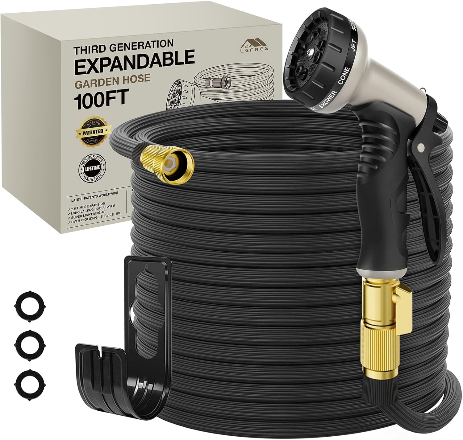 Lefree Garden Hose 100ft, Expandable Garden Hose Leak-Proof with 40 Layers of Innovative Nano Rubber,2024 Version/New Patented, Lightweight, No-Kink Flexible Water Hose (Black) 100FT Black