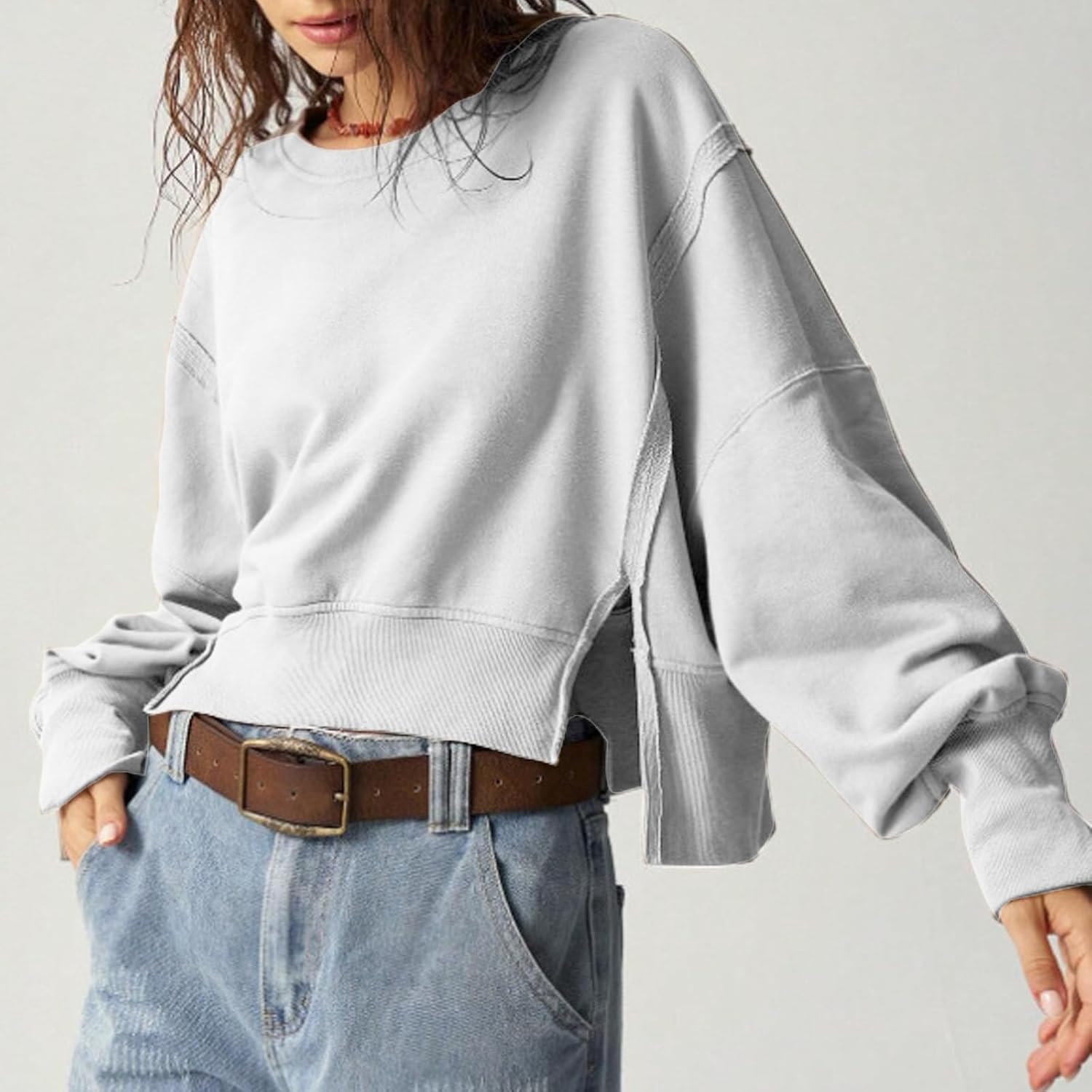 EGUGYDW Womens Crewneck Sweatshirts Cropped Long Sleeve Side Slit Loose Fit Teen Girls 2025 Fall Crop Pullover Tops - Image 5