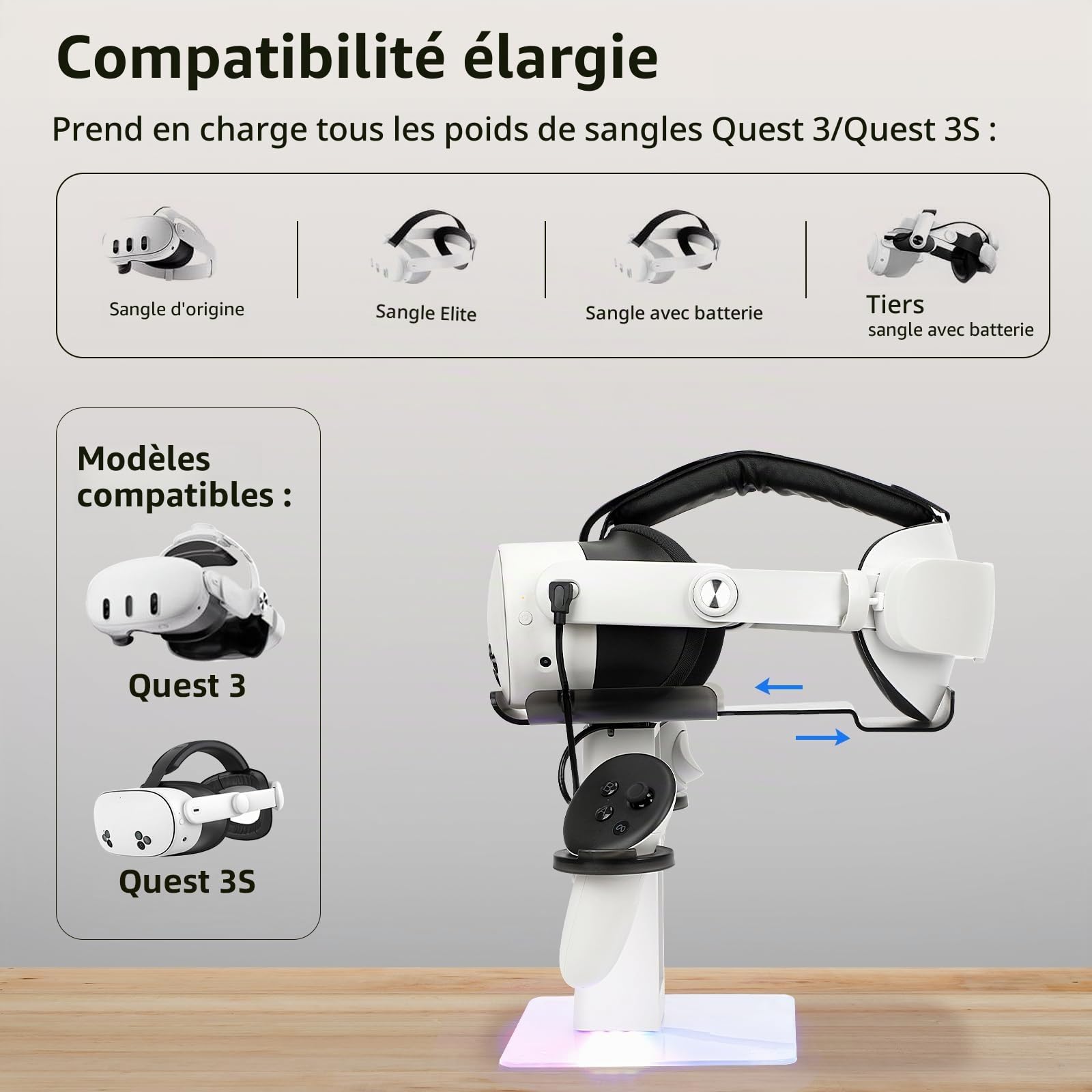 Design Station de Charge Compatible avec Meta Quest 3S/Quest 3 Accessoires,Support Vertical de Charge RVB, lumière LED inférieure et Tapis antidérapant (Blanc)
