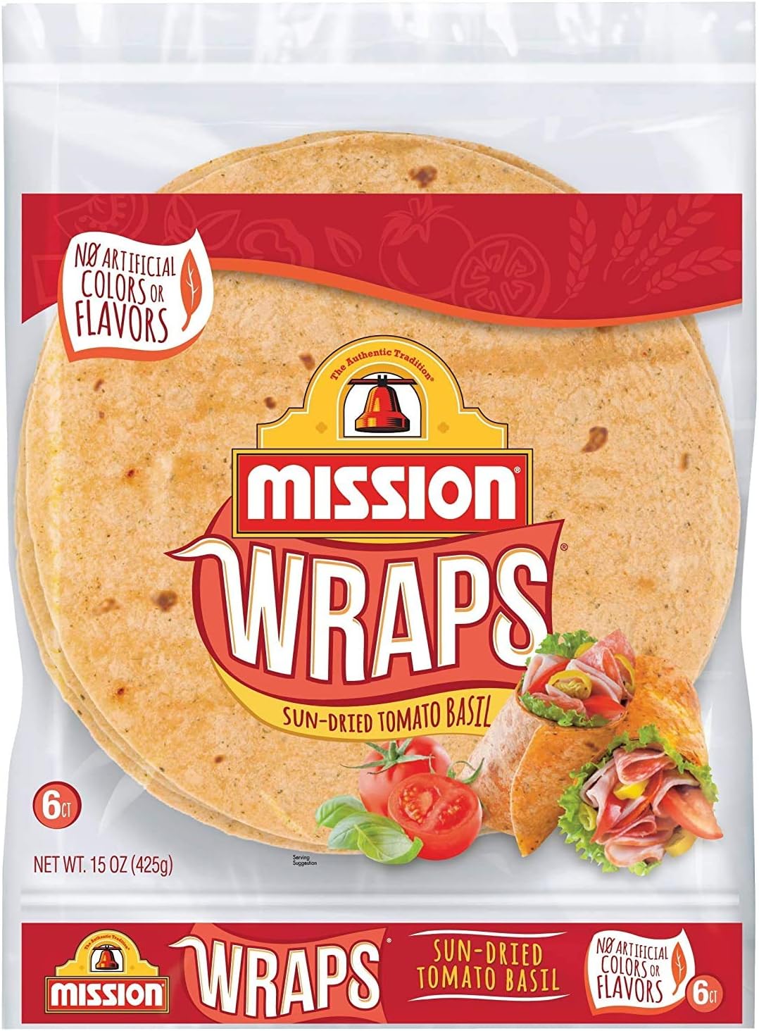 Mission Sun-Dried Tomato Basil Wraps, Soft Veggie Wraps, Trans Fat Free, 6 Count - 2 Packs