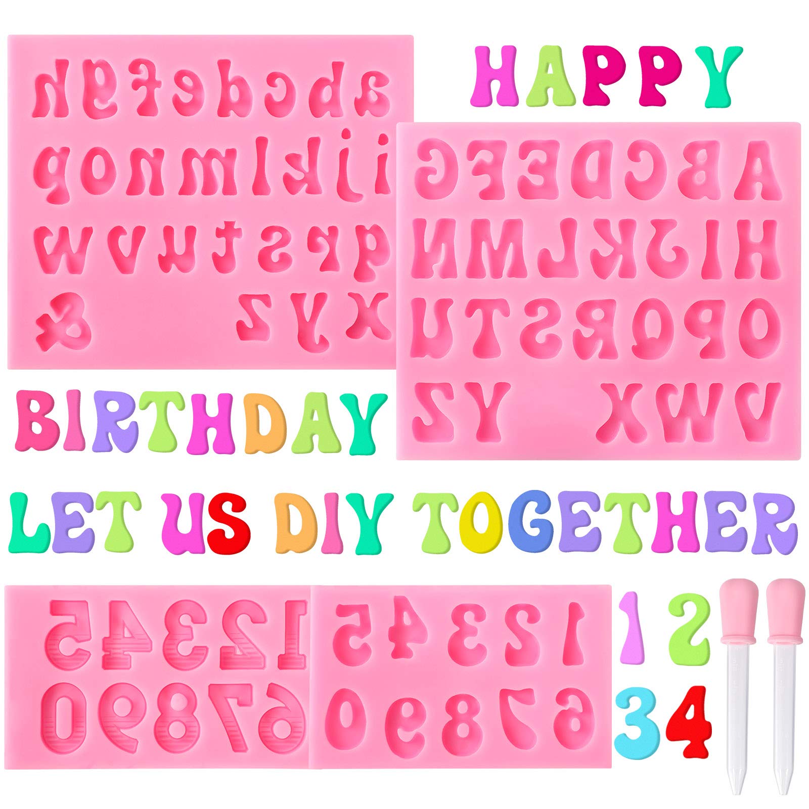 Photo 1 of 4 Pieces Silicone Letter Molds and Number Molds, Small Fondant Letters Mold, 0-9 Number Uppercase lowercase Moulds for Chocolate, Candies, Ice Cube Tray, Diy Baking Cake Decoration Mold with 2 Dropper Pink