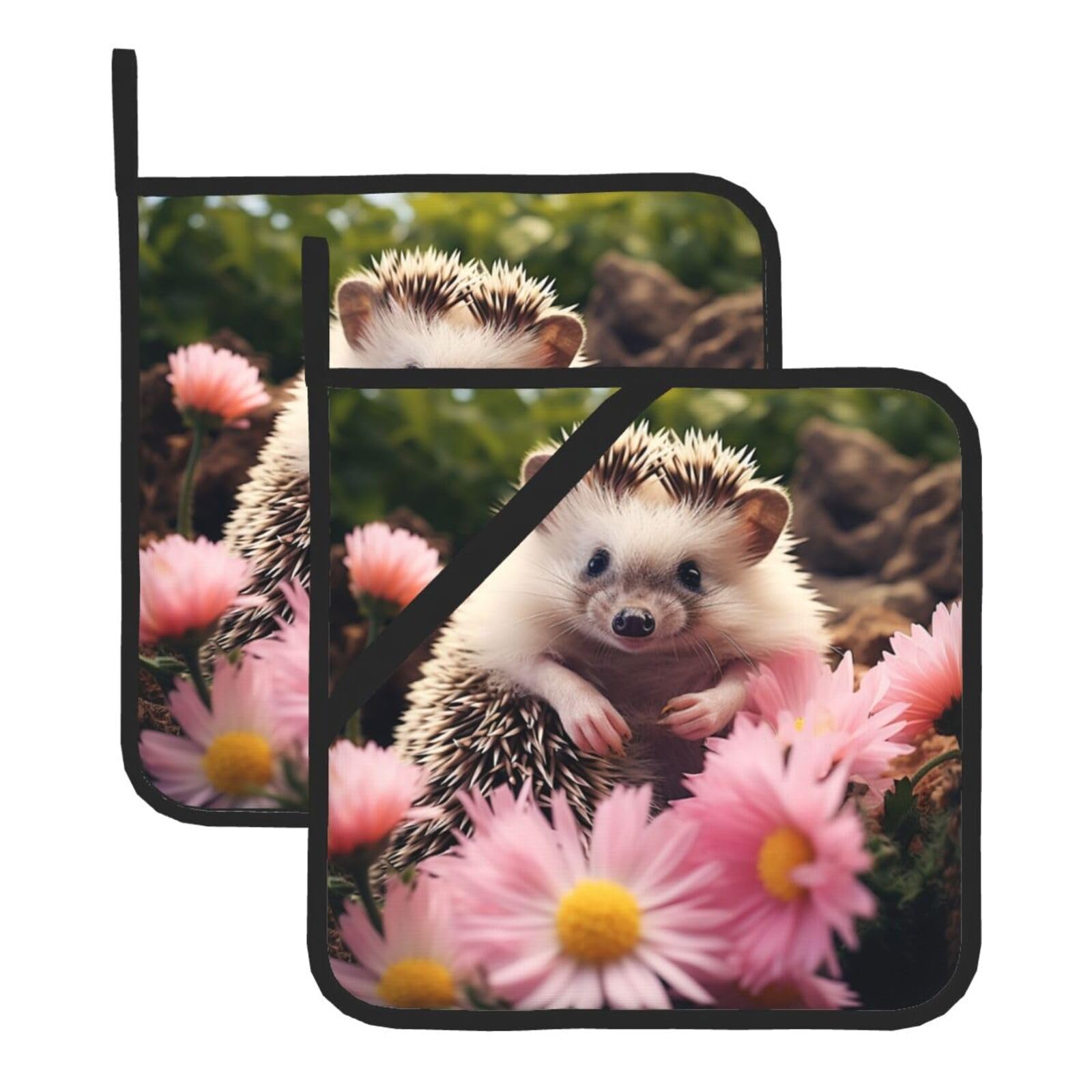 2Pcs Pot Holders for Kitchen Heat Resistant Potholder Cute Hedgehog in Flowers Hot Pads for Countertops Oven Pot Holders for Cooking Baking Kitchen Hot Mat Trivet 8 inch Hot Pad