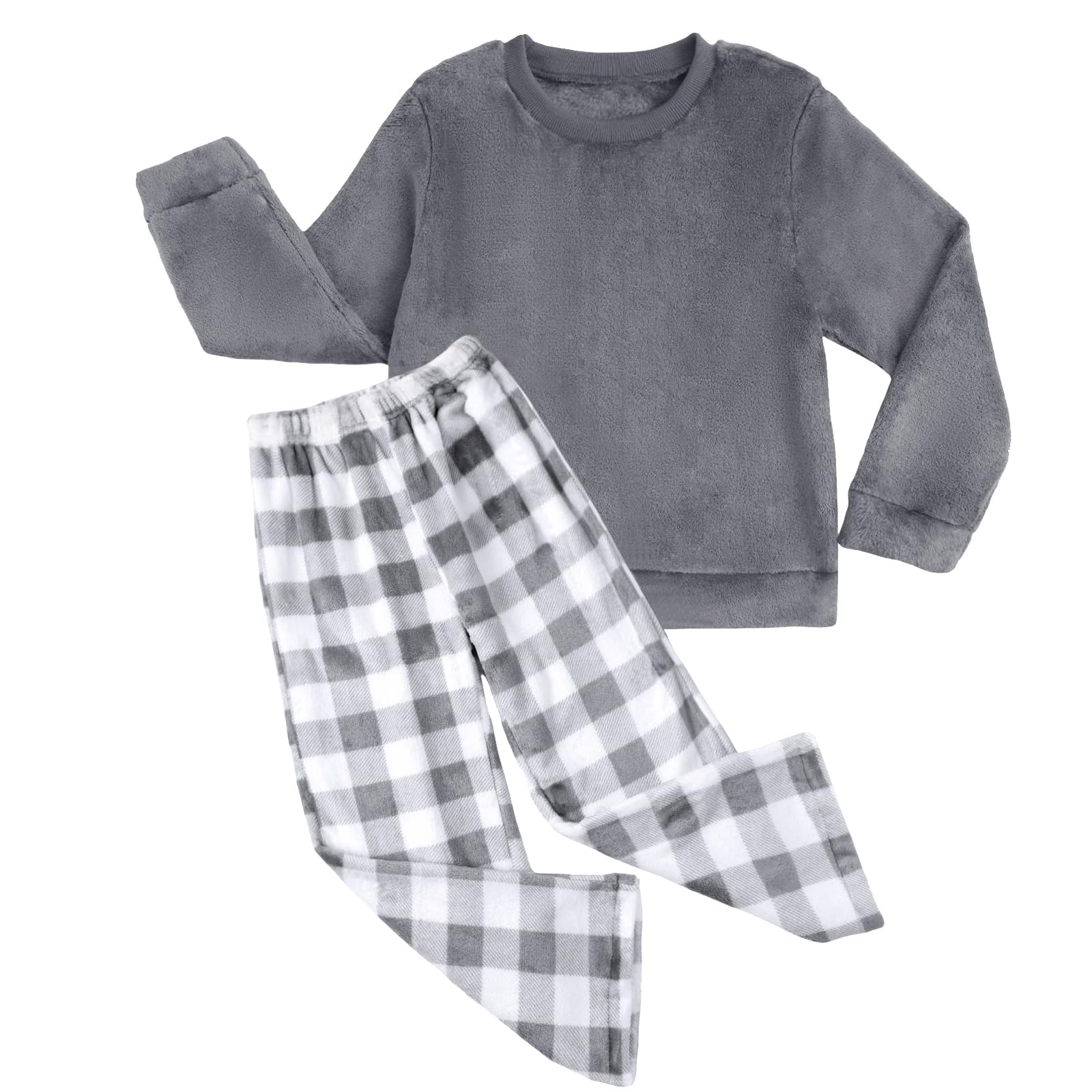 Conjunto de pijama mullido de franela de forro polar para niñas, conjunto de ropa para niñas y niños, camiseta de cuello redondo y pantalones a cuadros, 2 piezas