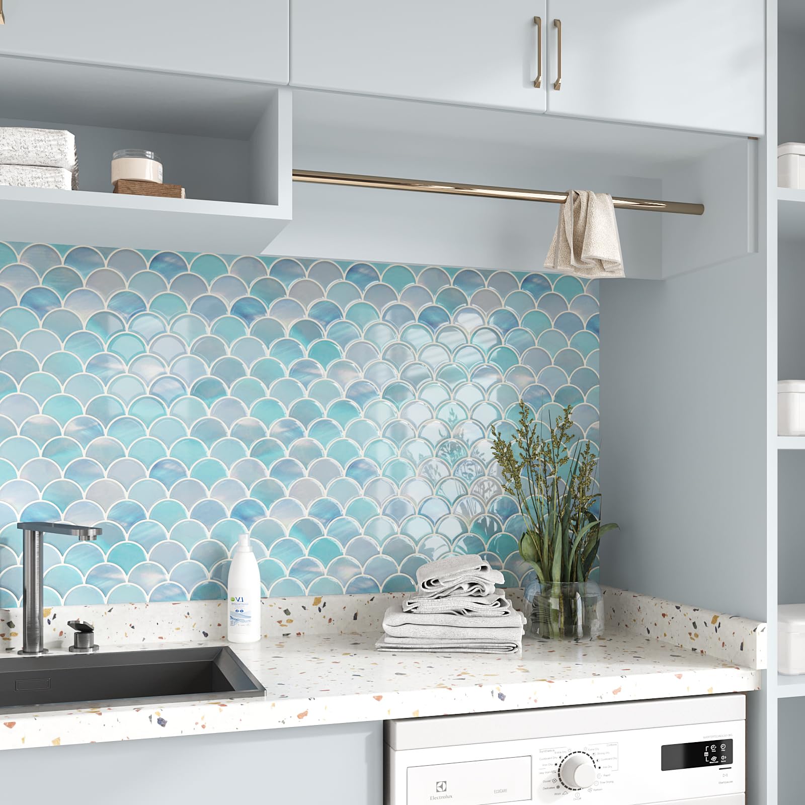 VEELIKE Piastrelle in ceramica iridescenti, con squame di pesce blu iridescente, per piastrelle da parete della cucina, stacca e attacca, impermeabili, 12 fogli autoadesivi in ceramica per bagno, 30,5