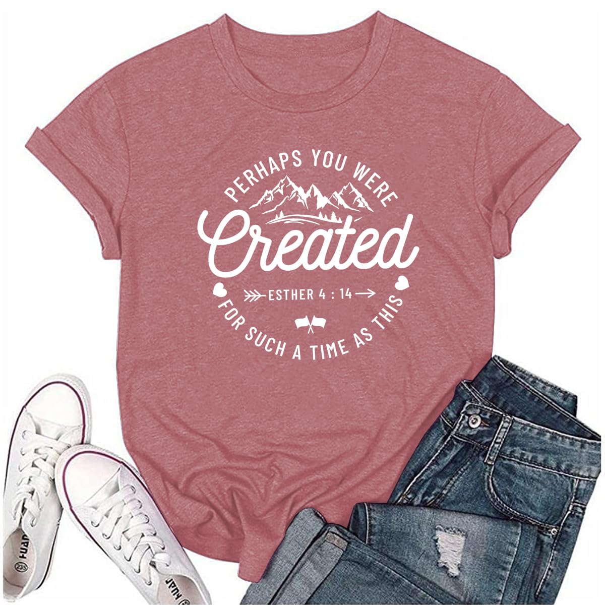 RUSASKO Womens Perhaps You were Created for Such A Time As This Christian Funny Print T Shirt