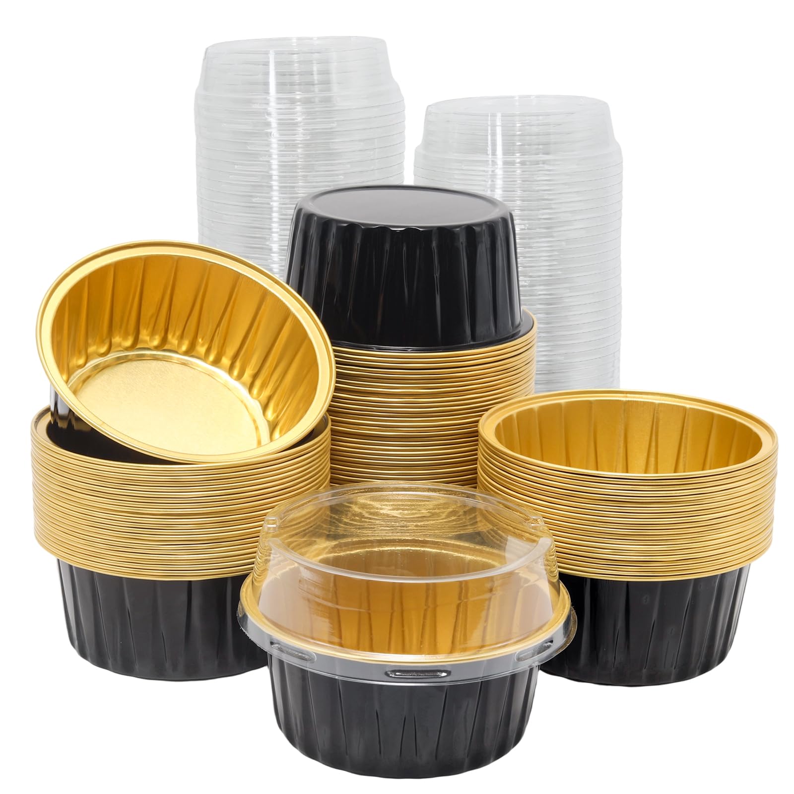 Lot de 100 mini moules à tarte en aluminium avec couvercles, 120 ml, noir et doré