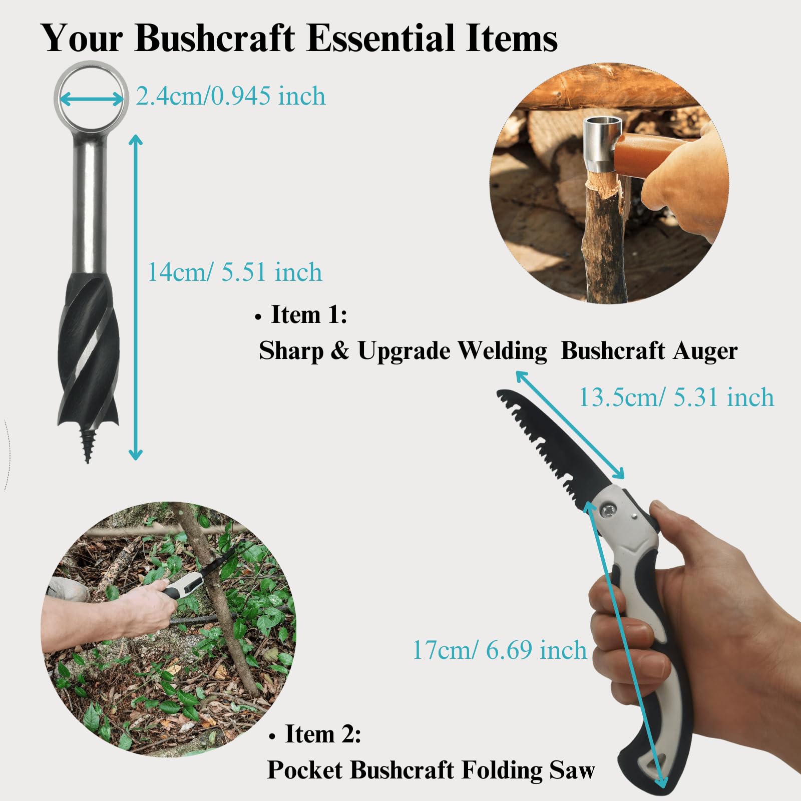 Bushcraft Bohrer, Handbohrer Bushcraft Set mit Handbohrer Holz, Klappsäge, Hand Holzbohrer Manuell Schlangenbohrer für Outdoor, Survival, Camping