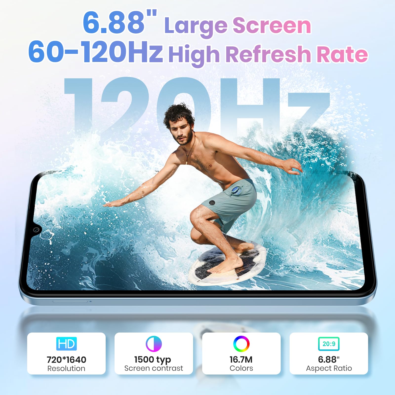 FOSSiBOT S5-120Hz+6.88" Écran Telephone Portable, 6000mAh Telephone Android 15, 16Go+128Go/TF 1To Smartphone Pas Cher, Gemini AI, Dual SIM 4G/8.5mm/215g téléphone Pas Cher | 6000mAh
