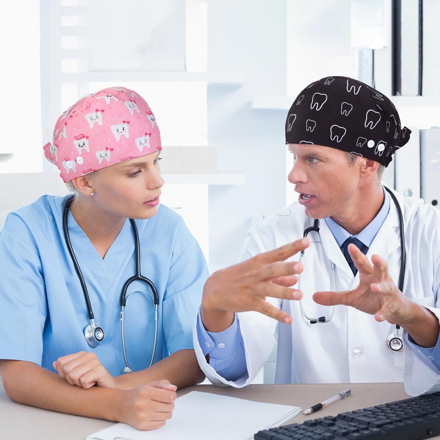 Unittype 4 Pcs Nurse Caps for Women Nursing Working Caps with Button and Sweatband Adjustable Elastic Scrub Hats for Dentist - Image 3