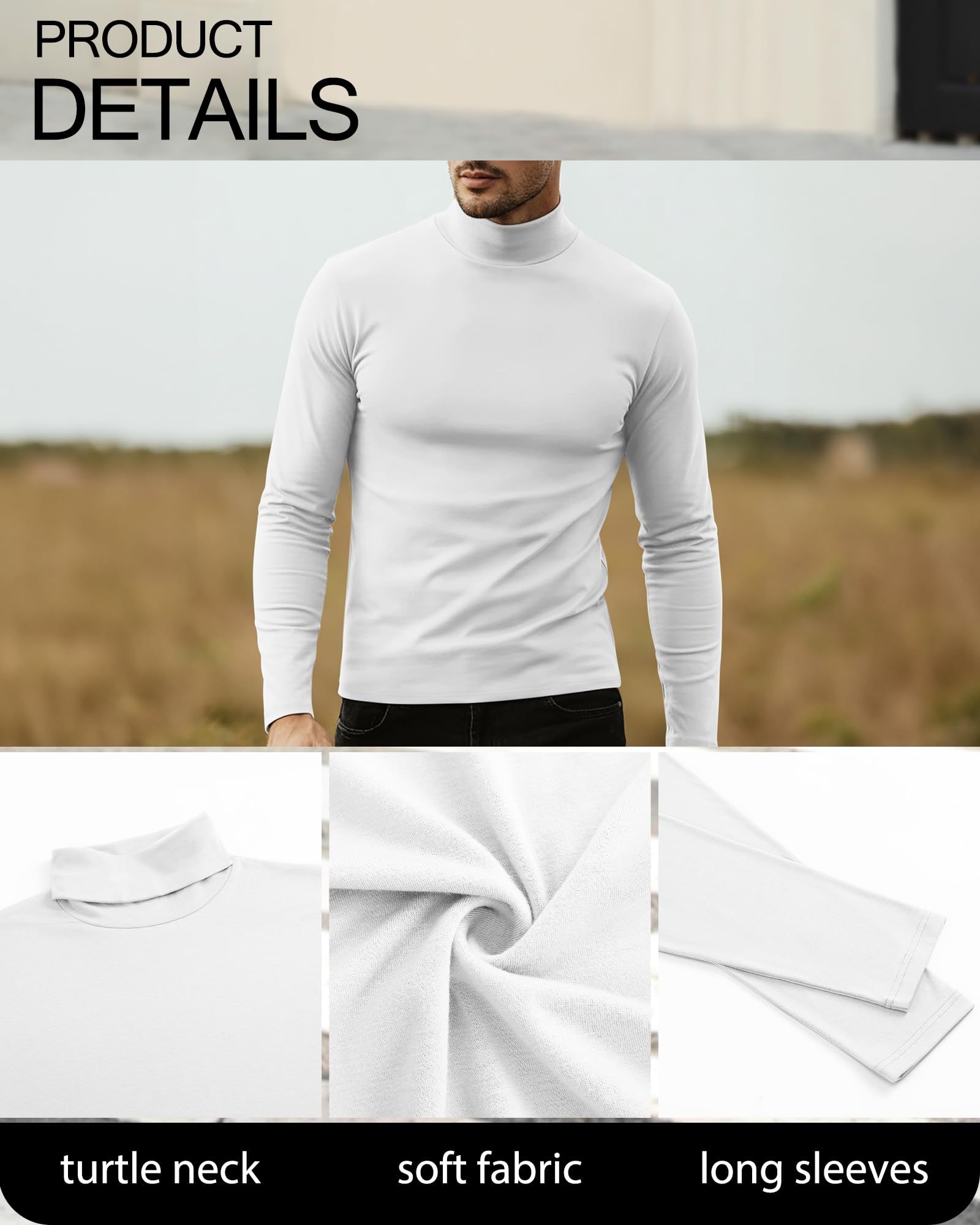 Neer Confezione da 5 magliette da uomo a maniche lunghe grandi e alte a collo alto, maglia termica casual basic leggera