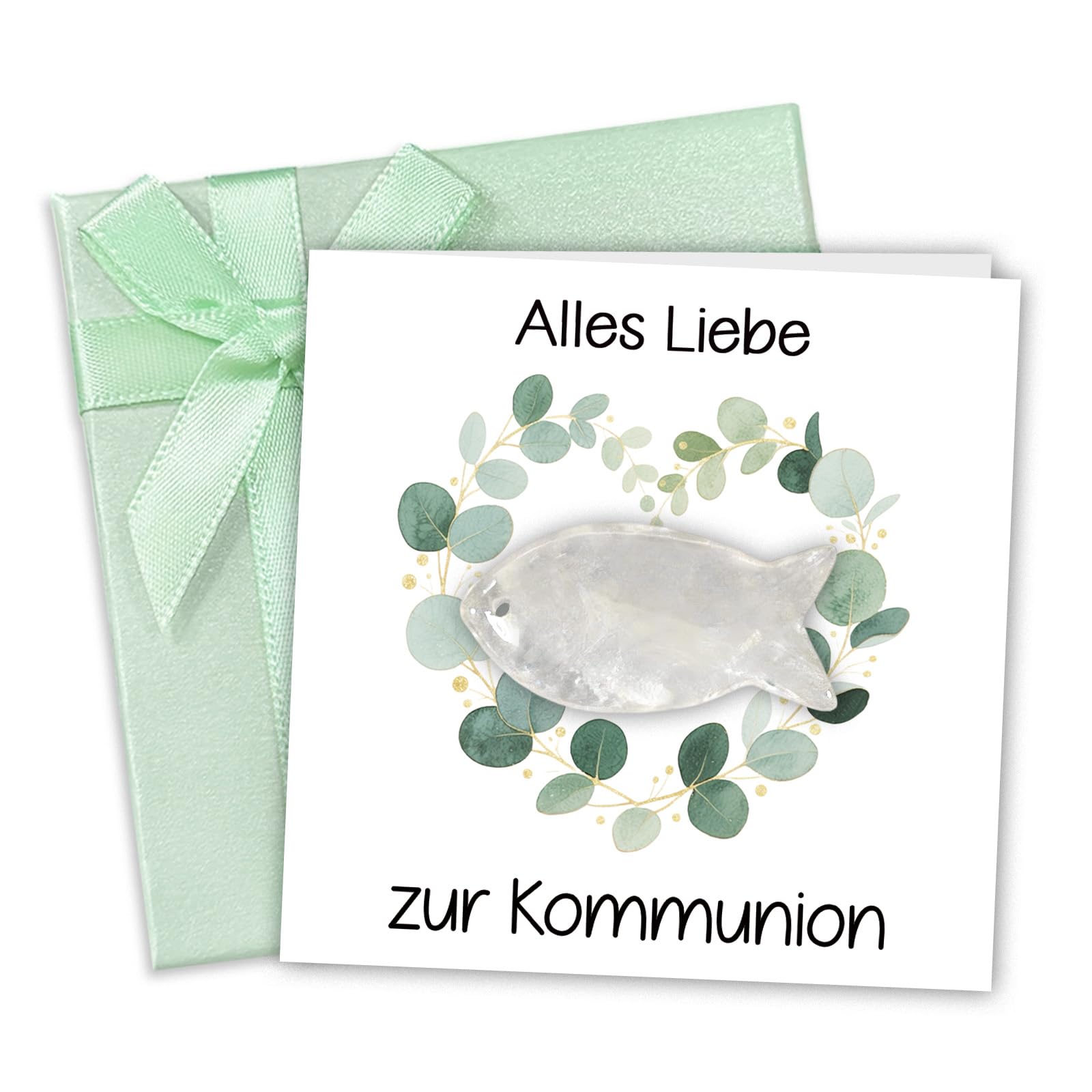 Kommunion Geschenk Junge – Kleine Erstkommunion Geschenke & Kommunionsgeschenk Junge mit Fisch aus Bergkristall als Edelstein Glücksbringer, Karte & Blaue Geschenkbox