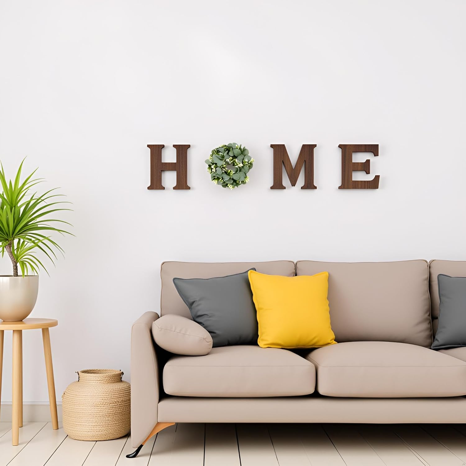 Mkono Farmhouse Wall Home Sign with Artificial Eucalyptus for O Rustic Wooden Hanging Letters Decorative Wall Art Decor for Living Room Kitchen Entryway Housewarming Gift, Brown