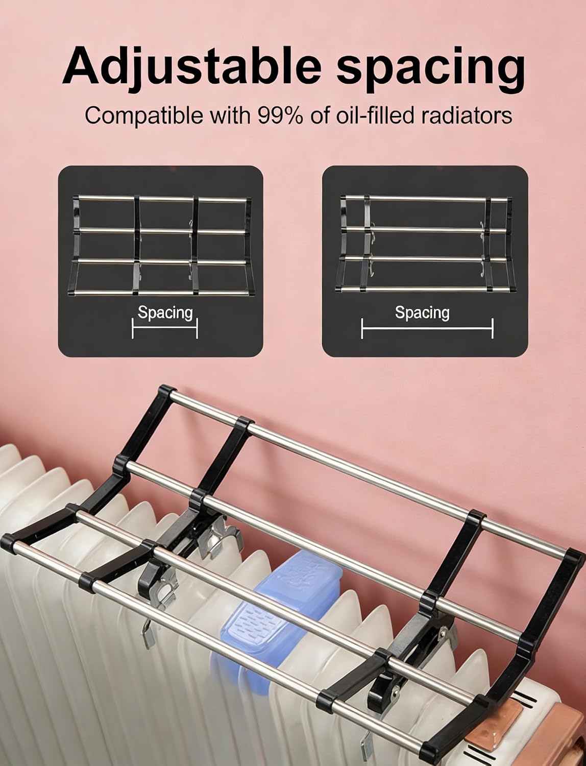 Oil Heater Clothes Drying Rack, Foldable Adjustable Width Clips, Includes Standalone Humidifier