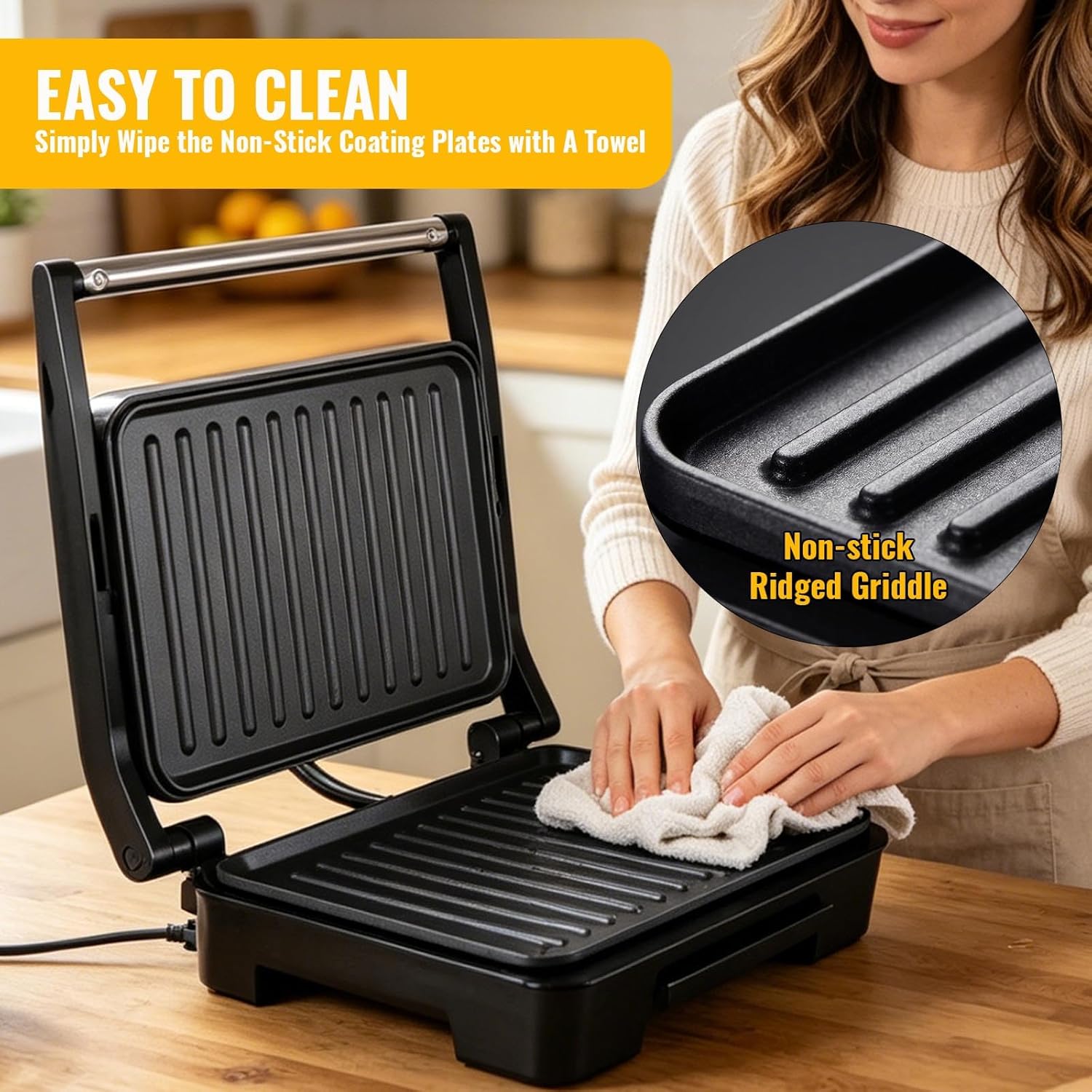 Electric Panini Press Grill and Sandwich Maker with Non-Stick Coated Plates, Electric Indoor Grill with Drip Tray for Cooking Options (Silver)