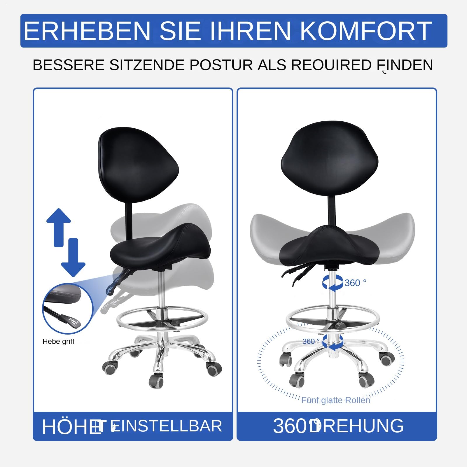Sattelhocker Mit Rädern, Sattelhocker Mit Fußstütze Und Lehne, Verstellbarer Drehbarer Massagehocker, Tragfähigkeit 200 kg, Für Home-Office Beauty-Clinic Und Salon