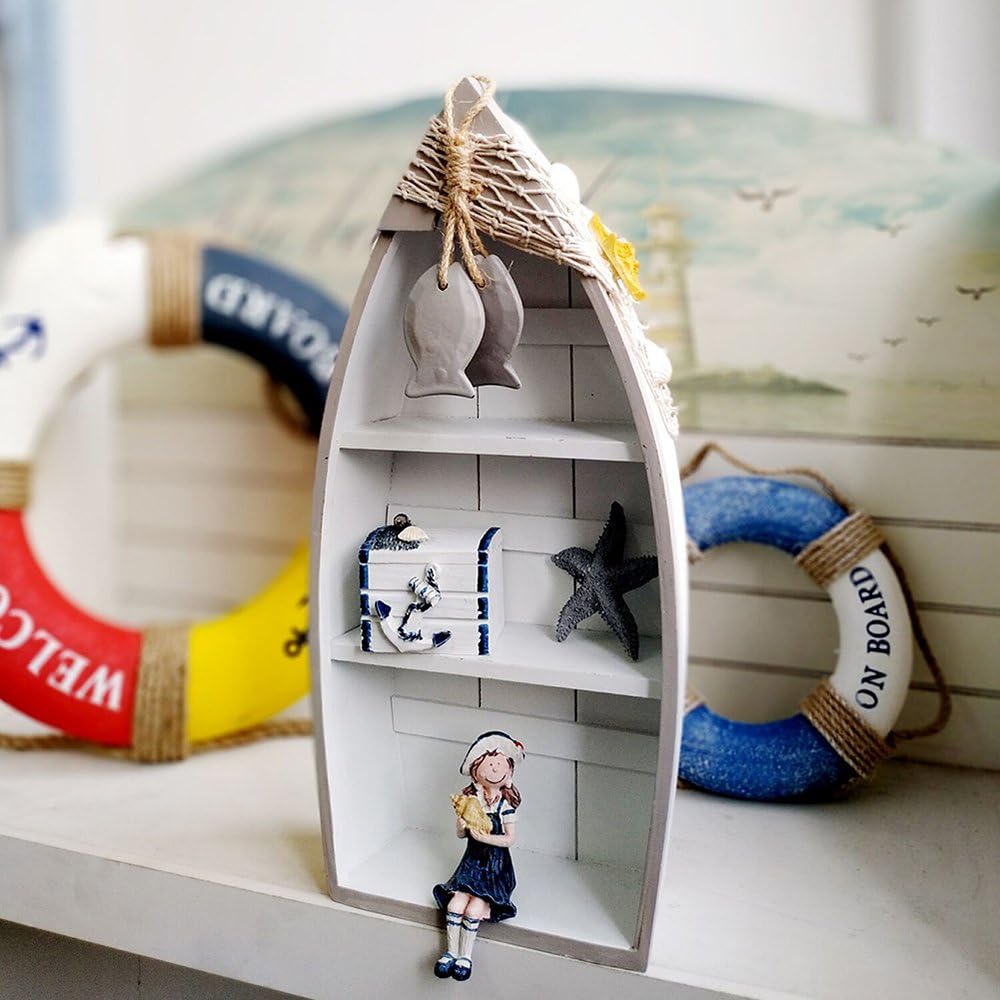 16.5"H Wooden Boat Display with 3 Shelves Fish Net Star Fish, White Wood Boat Stand Beach Nautical Theme Decor