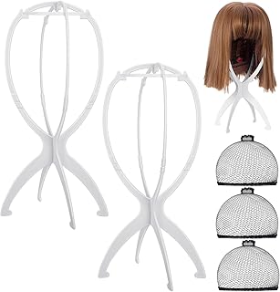 Smilcloud 2 Wig Stand with 3 Wig Caps, Hats Stands, Wig Head for Short Wigs, Wig Stands, Wig Display Stand Collapsible Wig Dryer Stands, Travel Hats Stands