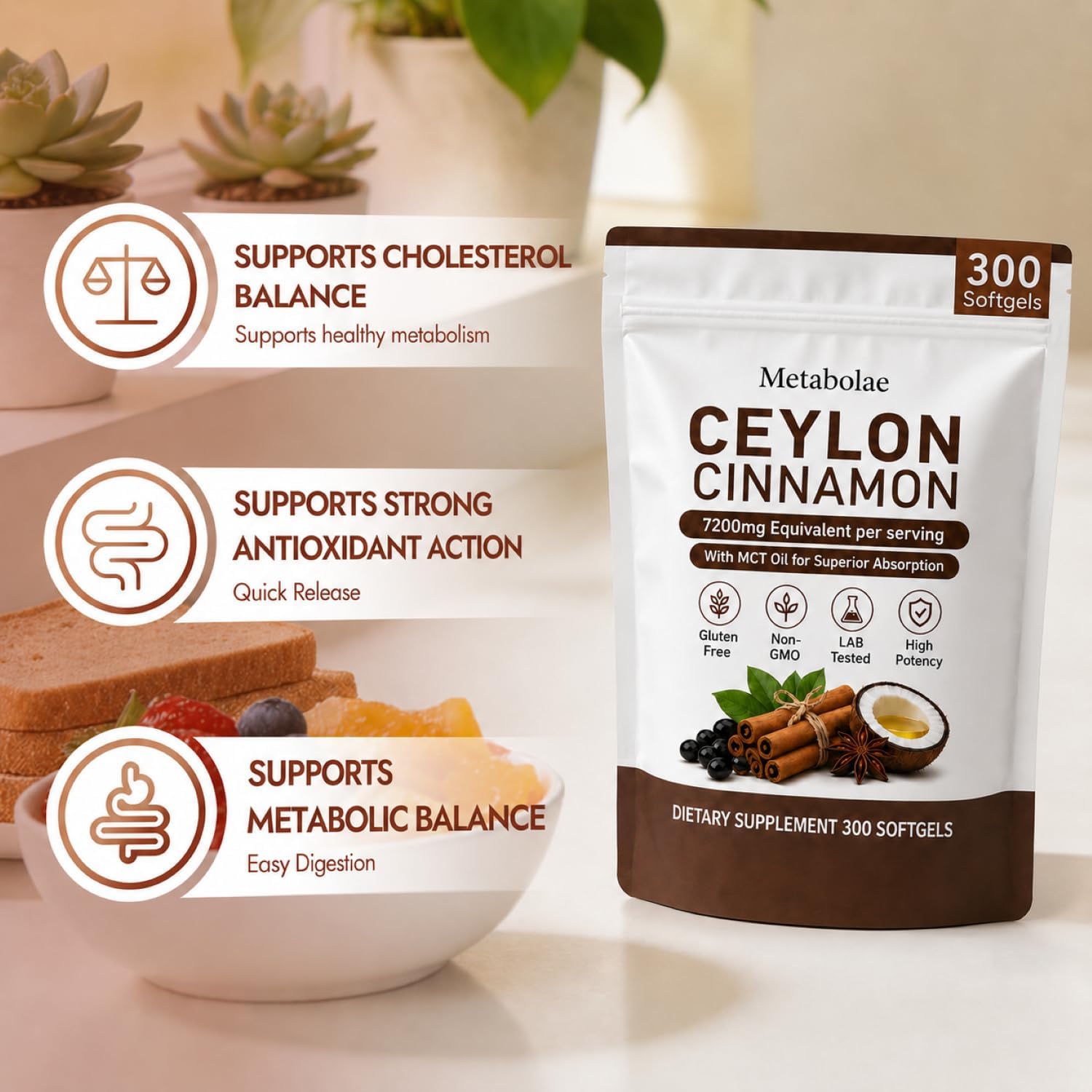 Metabolae Ceylon Cinnamon，7200 mg Equivalent per Serving, Gluten Free, Non-GMO, 300 Softgels