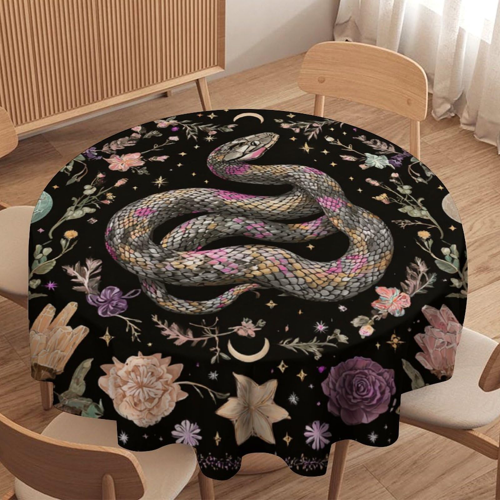 LUYYSKY Rustic Abstract Animal Snake Round Tablecloth Mid Century Boho Moon Phase Plant Floral Pattern Washable Decor for Table Cover for Kitchen-127 Wx127 L cm