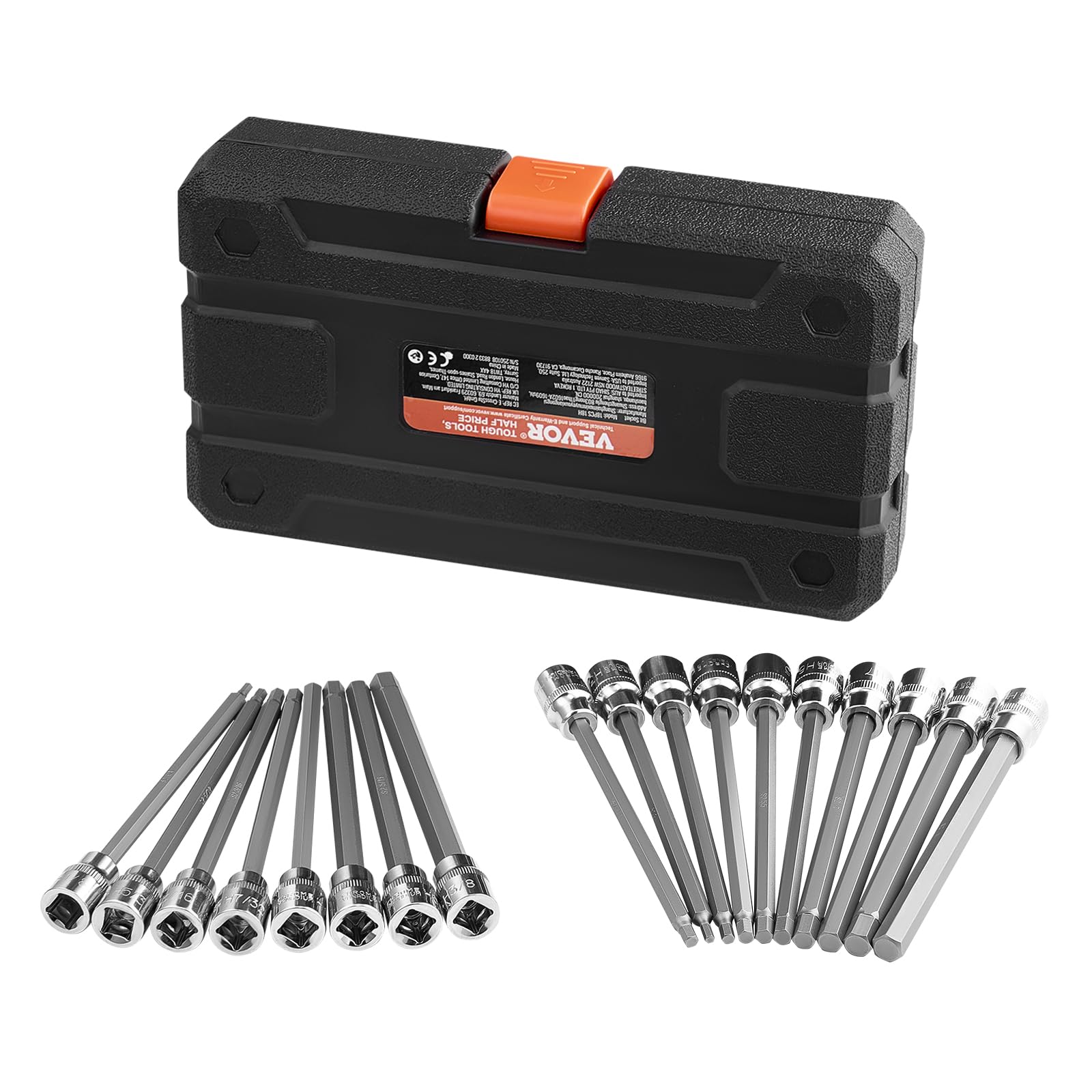 VEVOR Set di Chiavi a Bussola Esagonali Lunghe per Meccanici 18 Pezzi Attacco da 3/8 pollice in Acciaio Legato S2 Acciaio Cr-V, Standard SAE e Metrico da 1/8 pollice a 3/8 di pollice, 3-12 mm