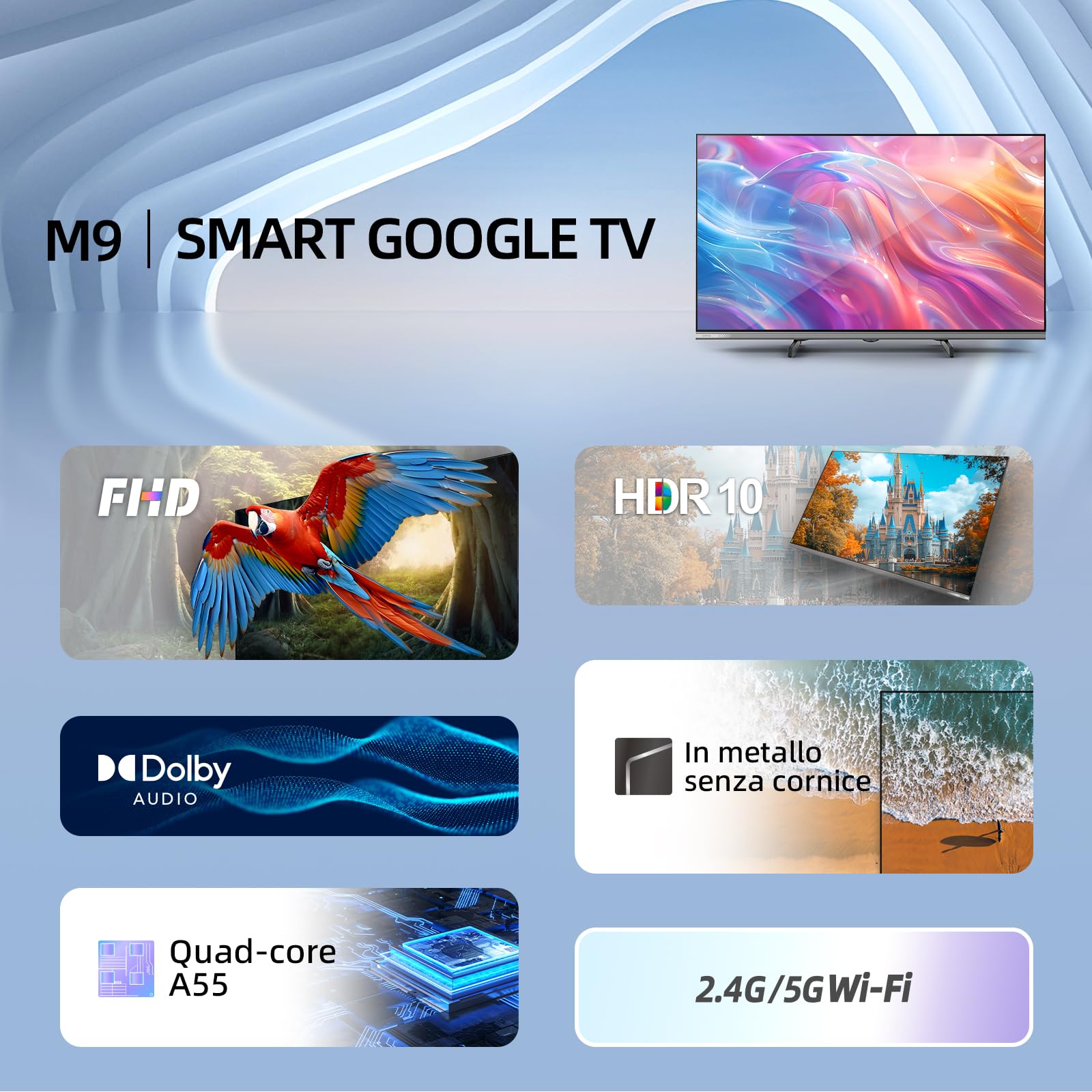 CHiQ L32FM9E 32 Pollici (80 cm) FHD Smart TV, HDR10 & HLG, Dolby Audio, Dbx-tv, Triple Tuner DVB-C/T/T2/S/S2, Chromecast integrato, Wi-Fi Dual-Band, Metallo Senza Cornice