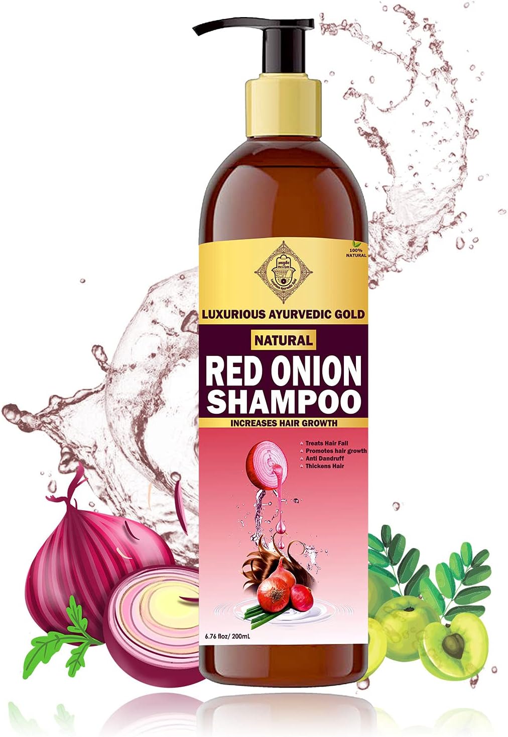 Luxurious Ayurvedic Gold, Red Onion Shampoo for Hair Growth and Scalp Treatment Pack of 1, Pink, Fresh, 200 millilitre