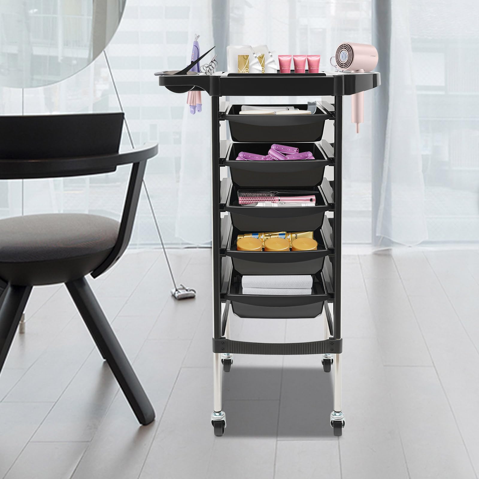 Carrito de peluquería con ruedas 6 niveles 5 cajones extraíbles negro