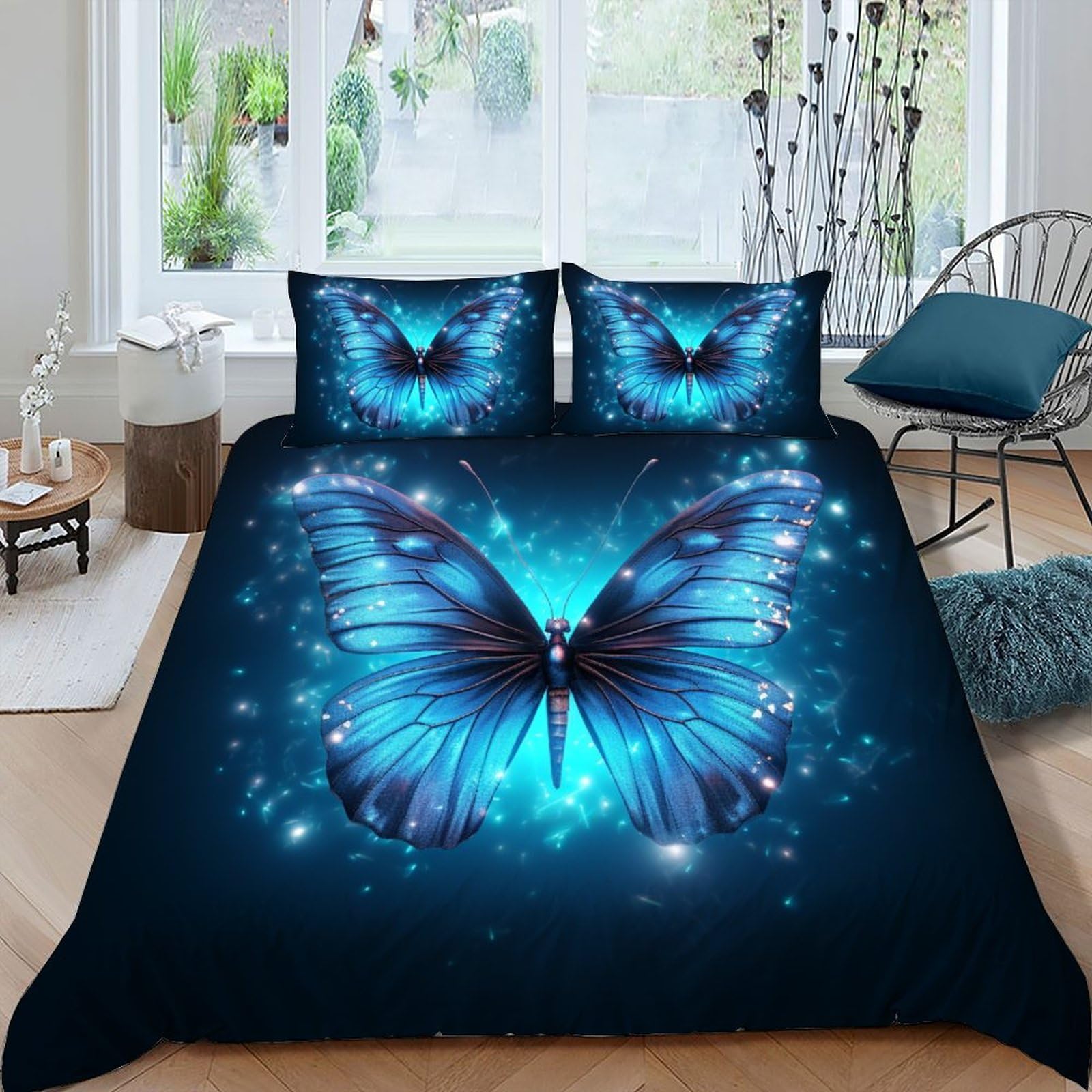 Housse de couette papillon 220x240 cm en microfibre avec 2 taies d'oreiller pour lit adulte