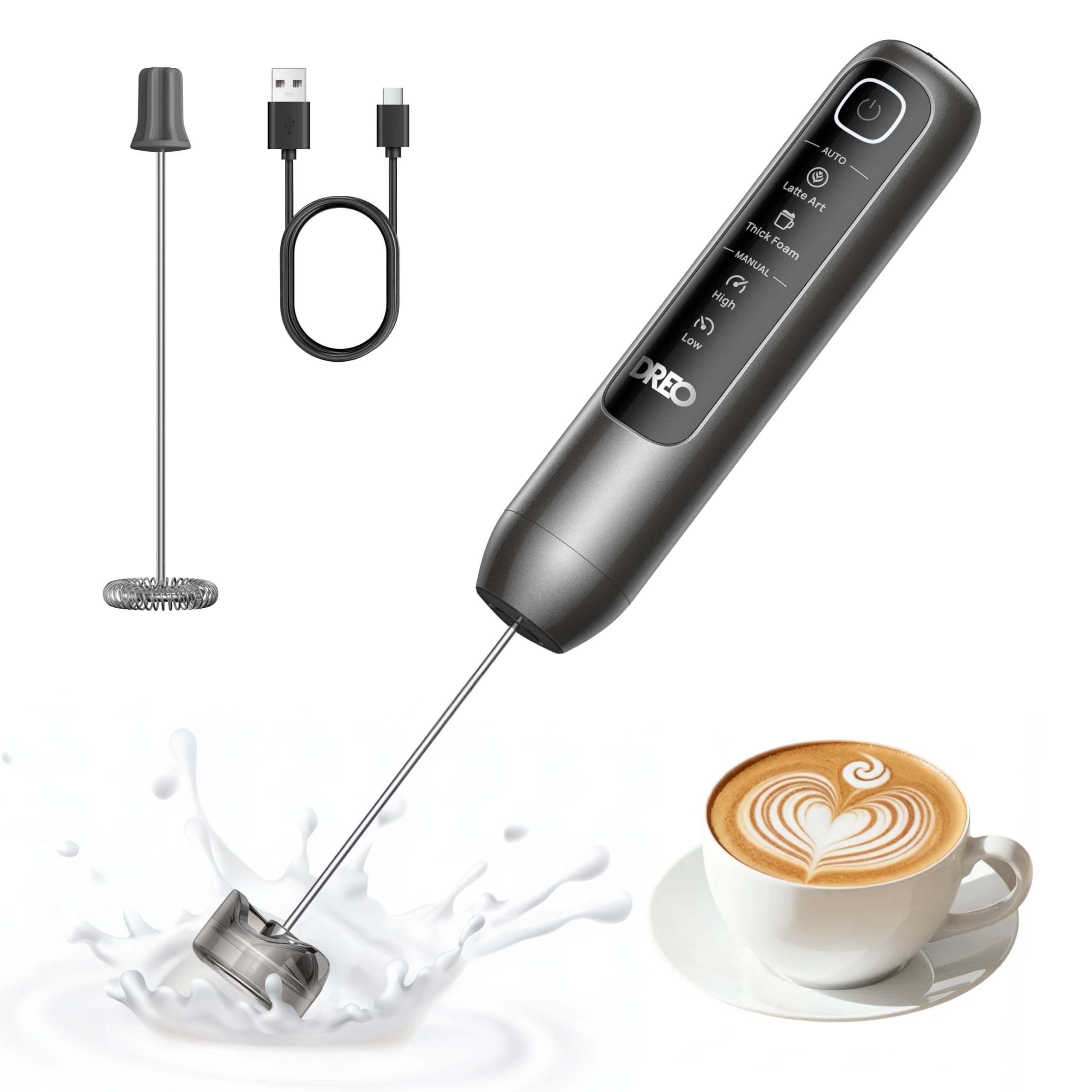 DREO Varita espumadora de leche ultrarrápida, espumador eléctrico recargable de mano con pantalla LED y 4 velocidades para microespuma de nivel de arte con leche, café, capuchino, más de 180 bebidas