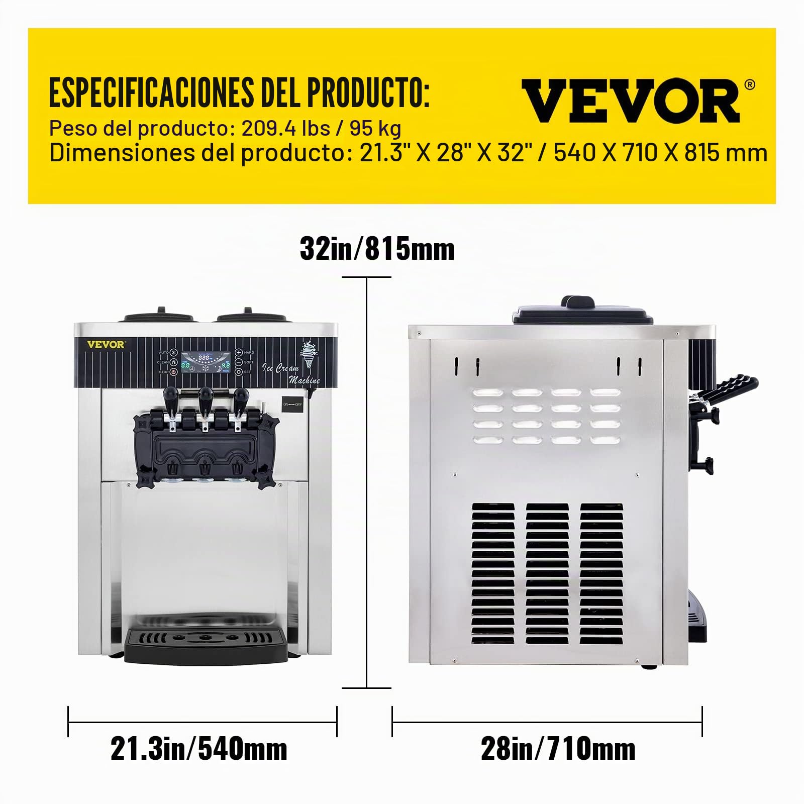VEVOR Máquina de Helados Soft Heladera Maquina Helados Soft Comercial Maquina Helados Soft con 2 + 1 Sabores Vertical Ice Cream Maker 2200W Máquina de Helado de Servido Suave 6L*2