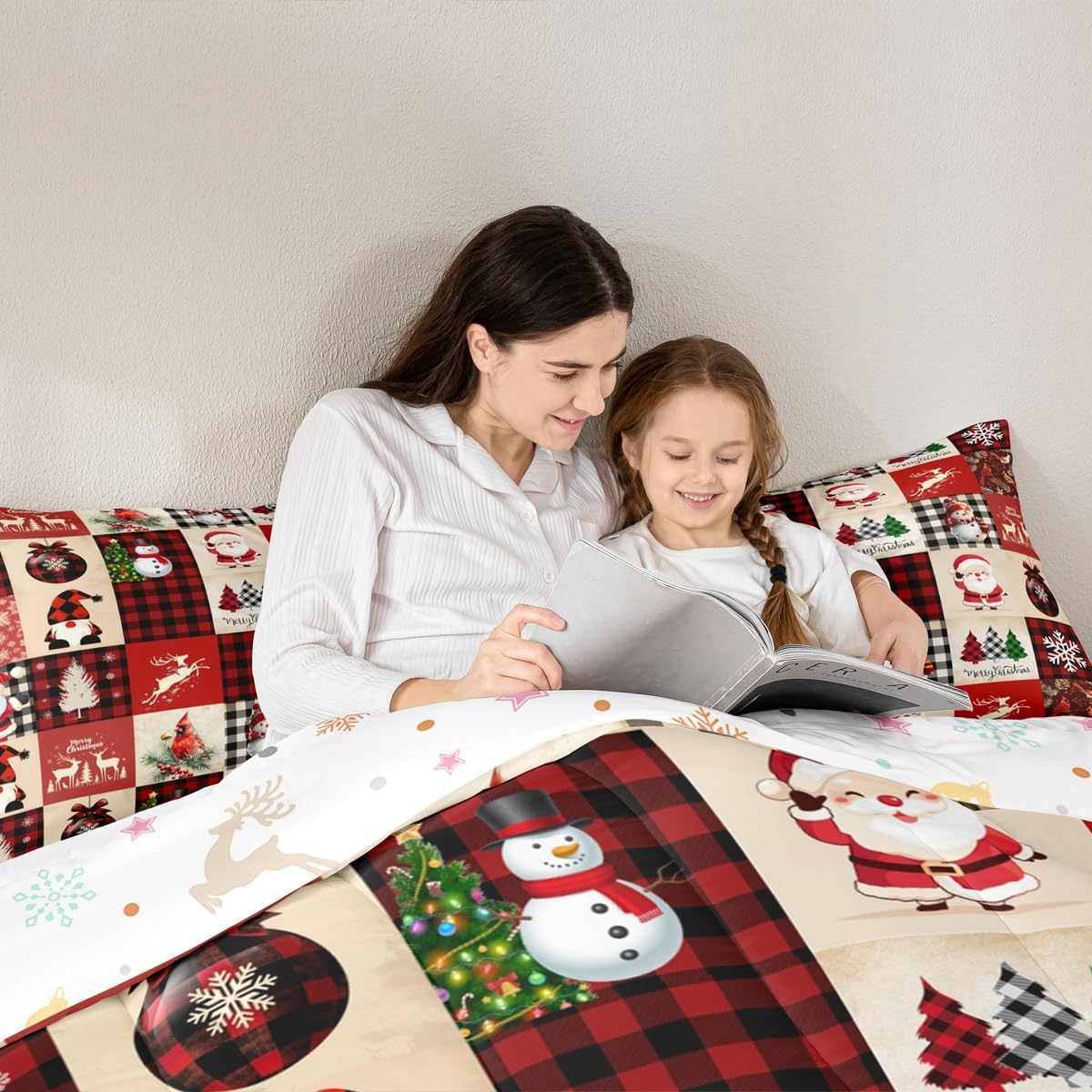 Christmas Comforter Set King Size,Red Plaid Holiday Design Bedding Set 3pcs,Snowman Santa Claus New Year Patchwork Down Comforter for All Season, Kids Boys Girls Room Decor,2 Pillowcases,No Sheets