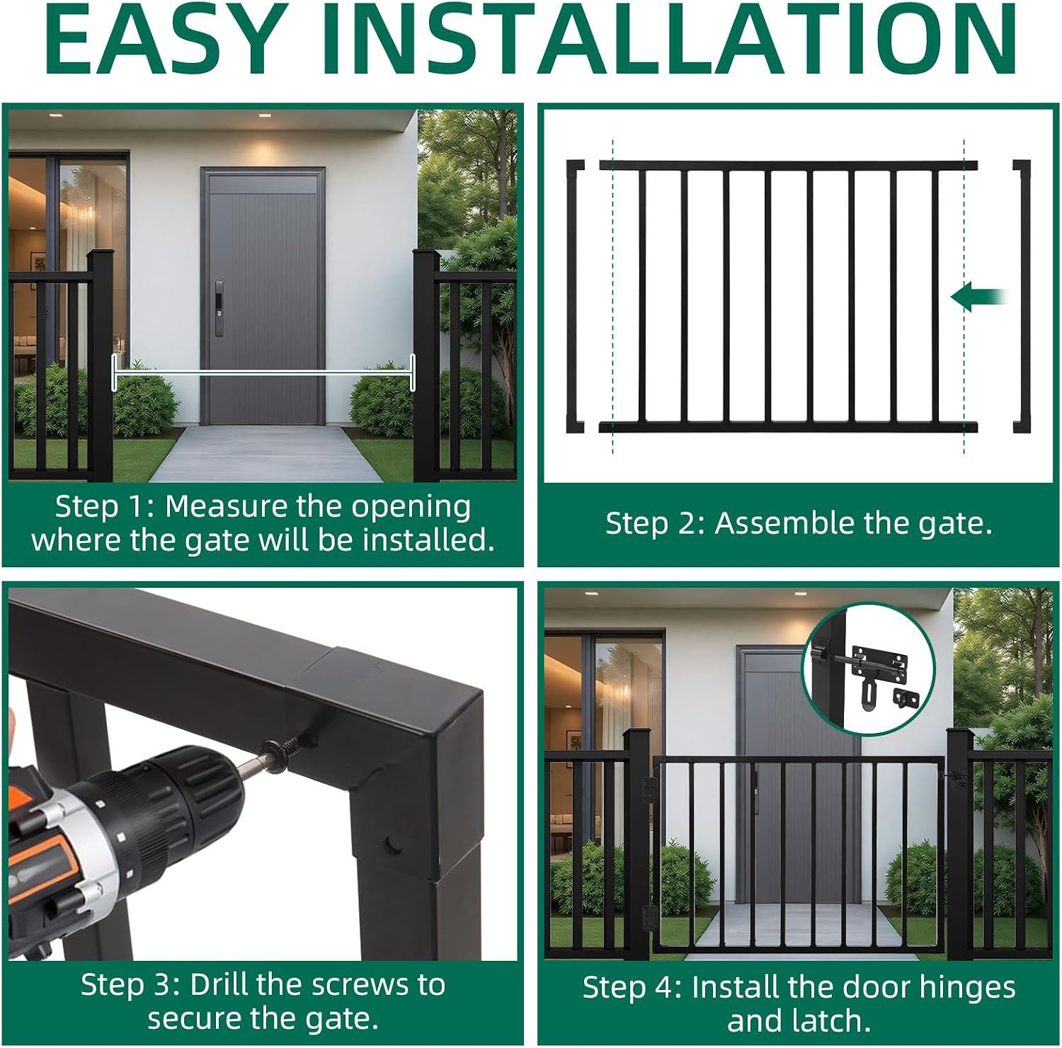 Outdoor Deck Fence Gate Kit, 32''H x 48''W Heavy Duty Steel Gate Anti-Rust Fence Door with Self-Closing Hinges and Latch for Railings, Patios, Gardens, Decks