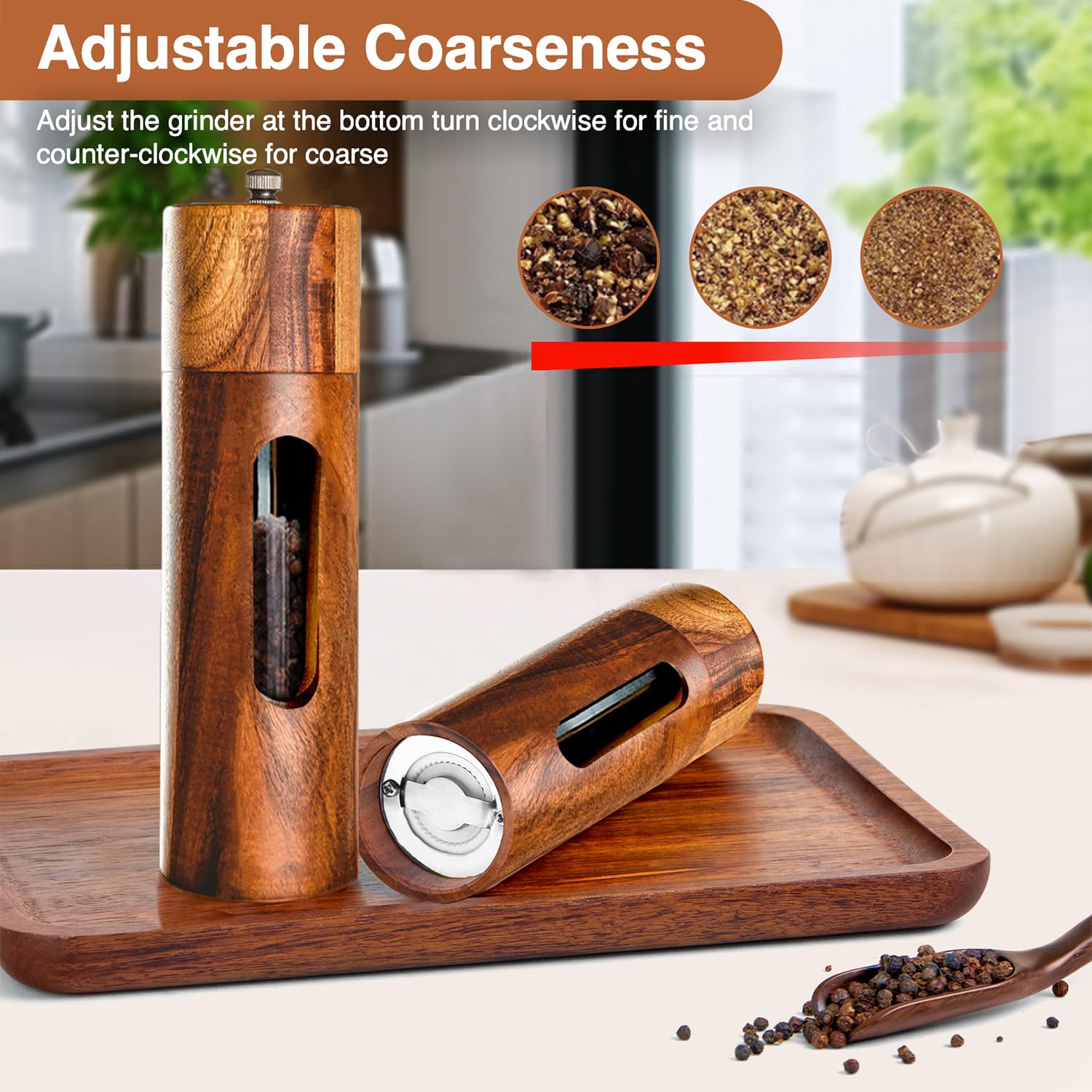 Molinillo de pimienta de madera, molinillo manual de especias, sal y pimienta, con mecanismo de cerámica, juego de 2 unidades, con plato para pimienta, sal, especias, altura 21,5 cm