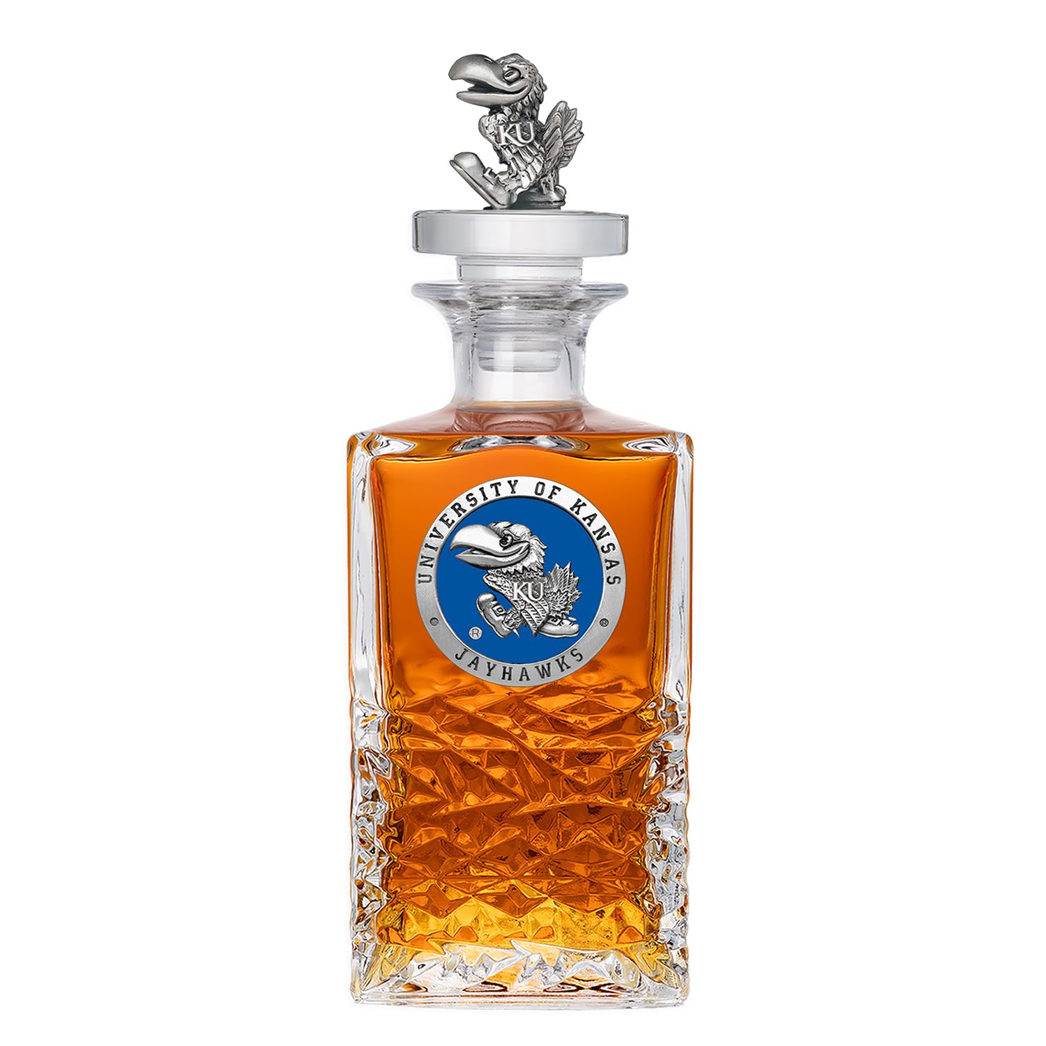 Univeristy of Kansas (Jayhawk) Heritage Decanter with 3D Stopper | 25 OZ Liquor Pourer | Expertly Crafted Pewter Glass