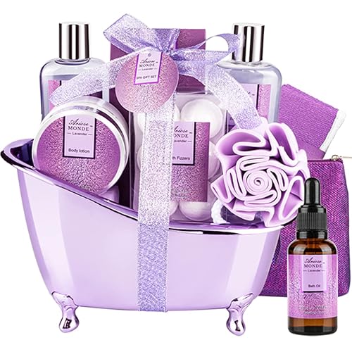 Juego de regalo de cesta de baño y spa, juego de regalo de baño y cuerpo para mujeres, aroma de lavanda, incluye loción corporal, gel de ducha,