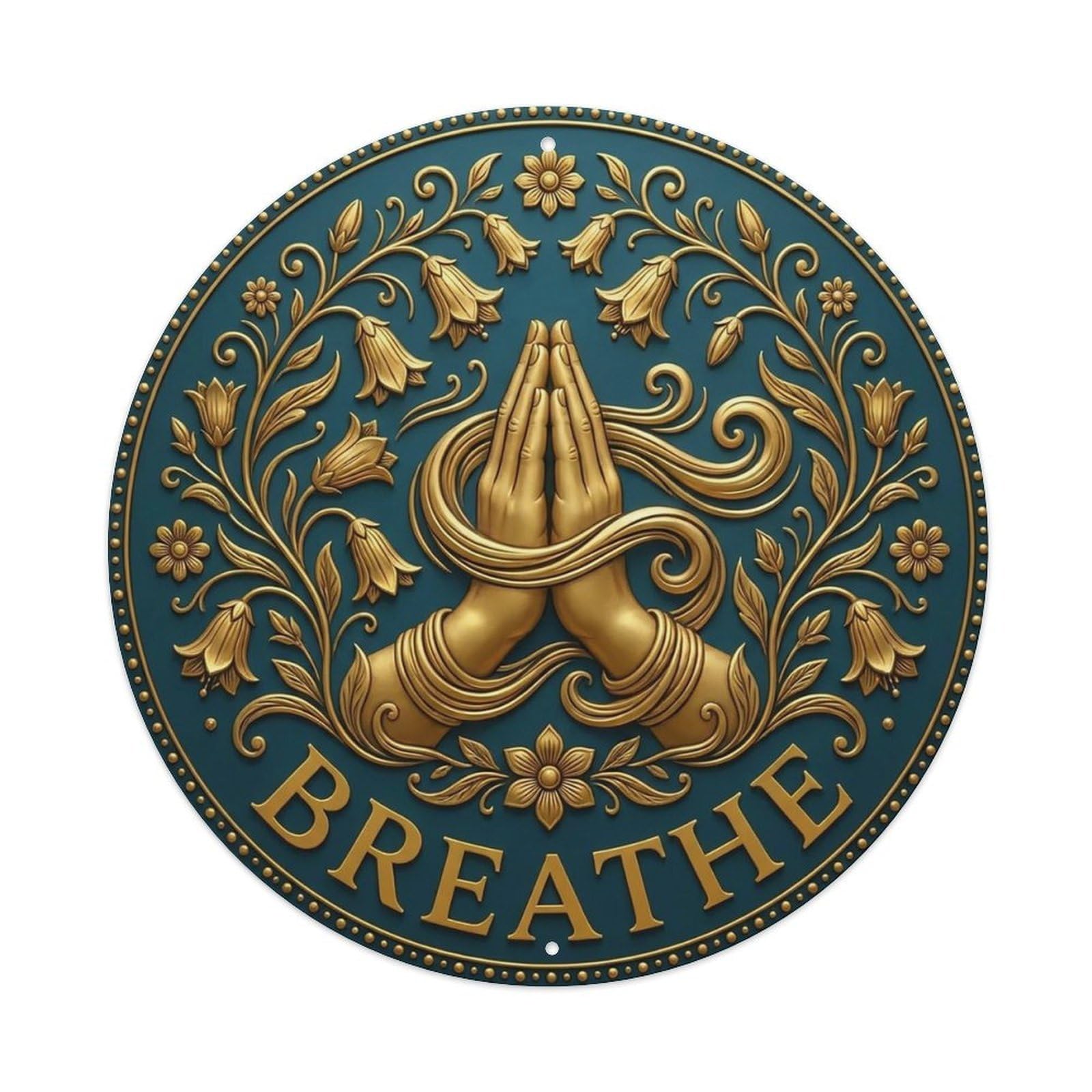 Vintage Namaste Praying Hands Breathe Flower Zen Yoga Metal Tin Sign