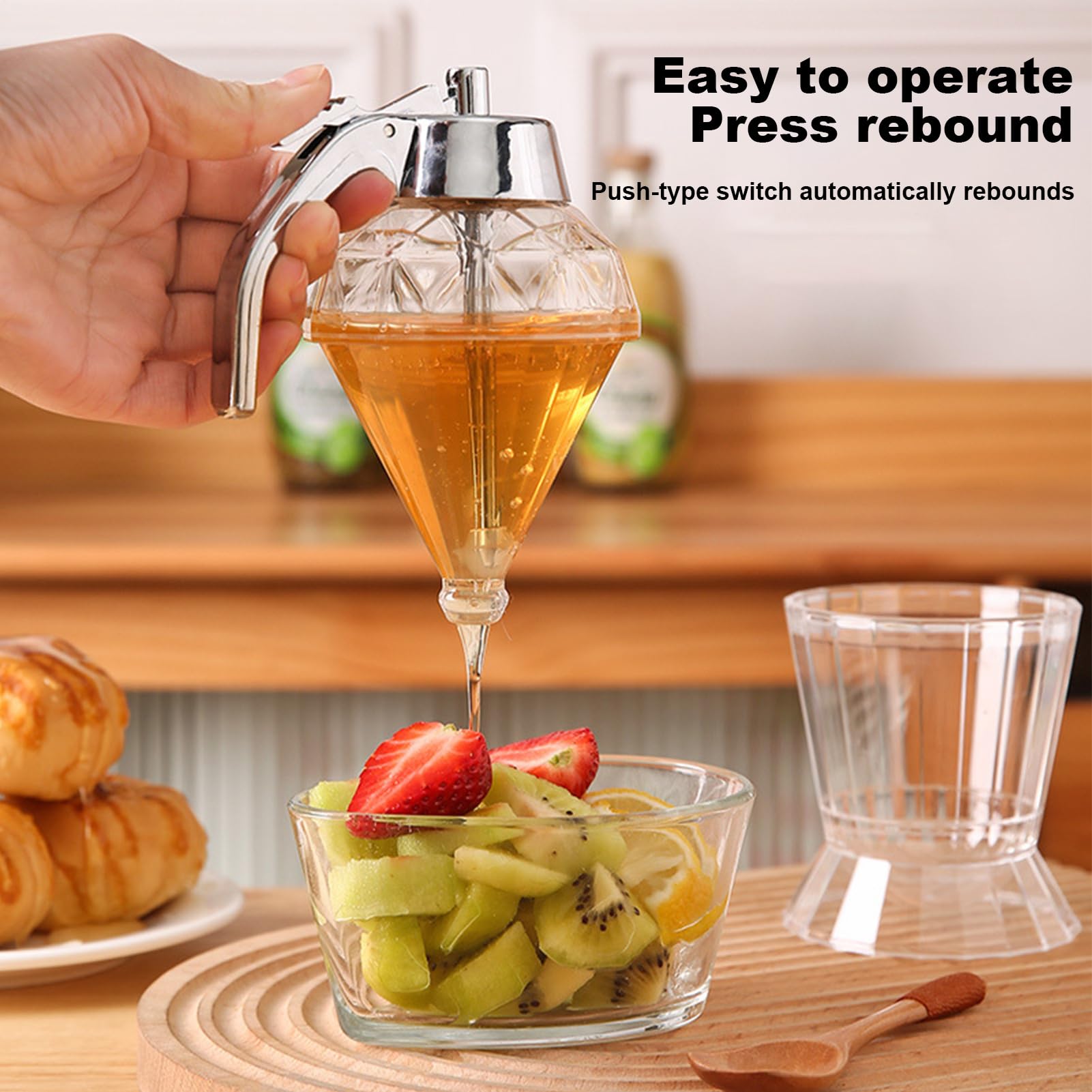 Dispenser di miele, contenitore per sciroppo, contenitore per sciroppi d'acero, spingere il coperchio con supporto, 8 oz per olio di spezie, bottiglia da cucina riutilizzabile per caffè e tè