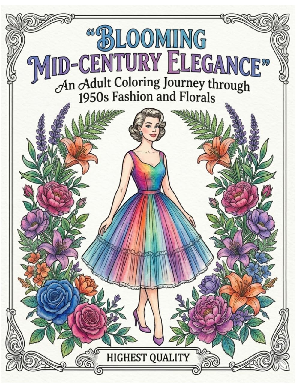 BLOOMING MID-CENTURY ELEGANCE: An Adult Coloring Journey through 1950s Fashion and Florals