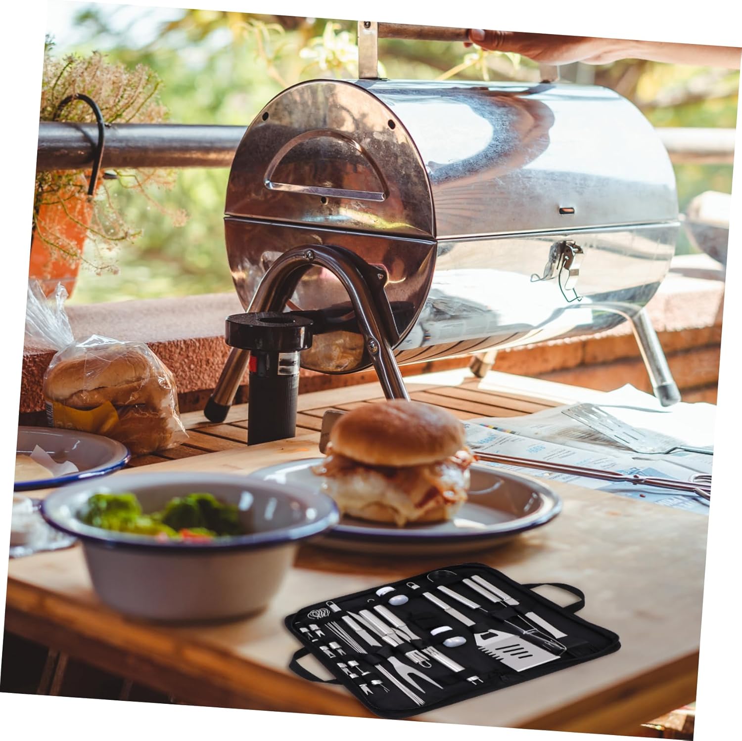 Kisangel 1set Portable Stainless Steel BBQ Tools Kit for Outdoor Cooking Complete Barbecue Utensils Bag for Grilling