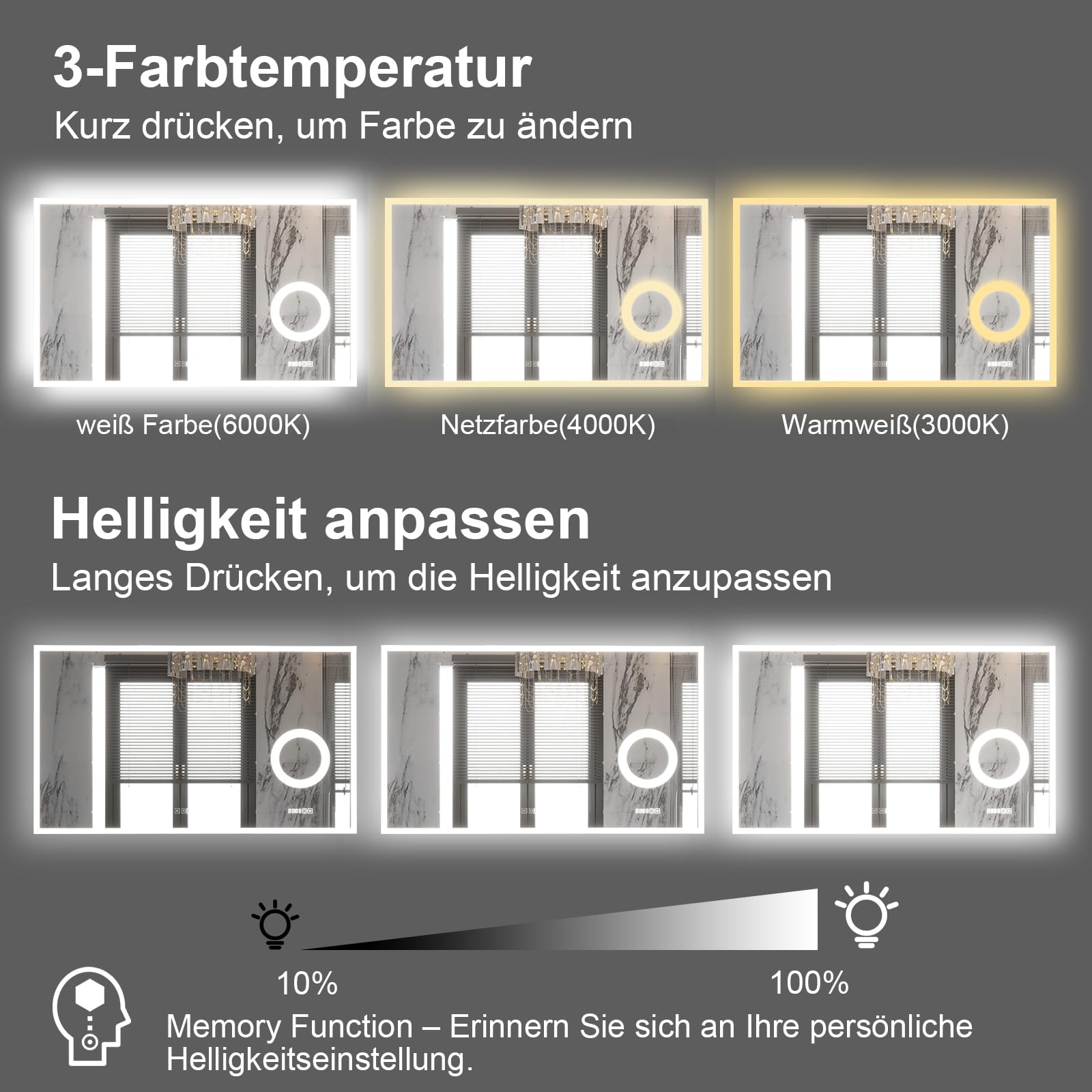 furduzz Espejo de baño LED con 3 aumentos, 800 x 600 mm, espejo de pared con iluminación, regulable, reloj digital, temperatura, 3 colores, antivaho, función de memoria, espejo de maquillaje iluminado