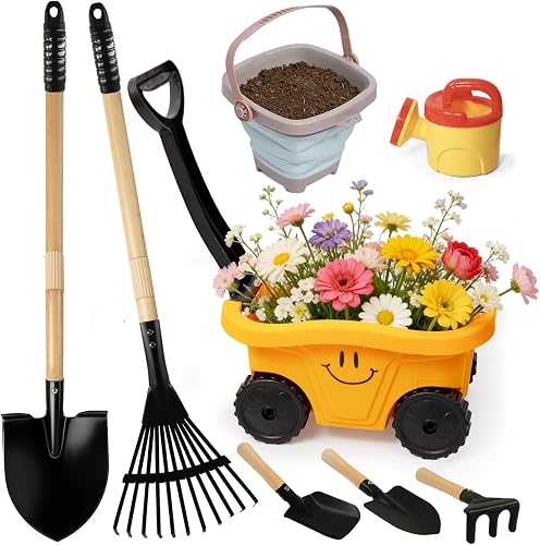 Todders Wheelbarrow Gardening Set, Kids Rake and Shovel Set for Dirt Digging, Garden Tools Equipment for Yard Outdoor Sandbox Summer Beach Toys Gifts for Ages 3-5 Years