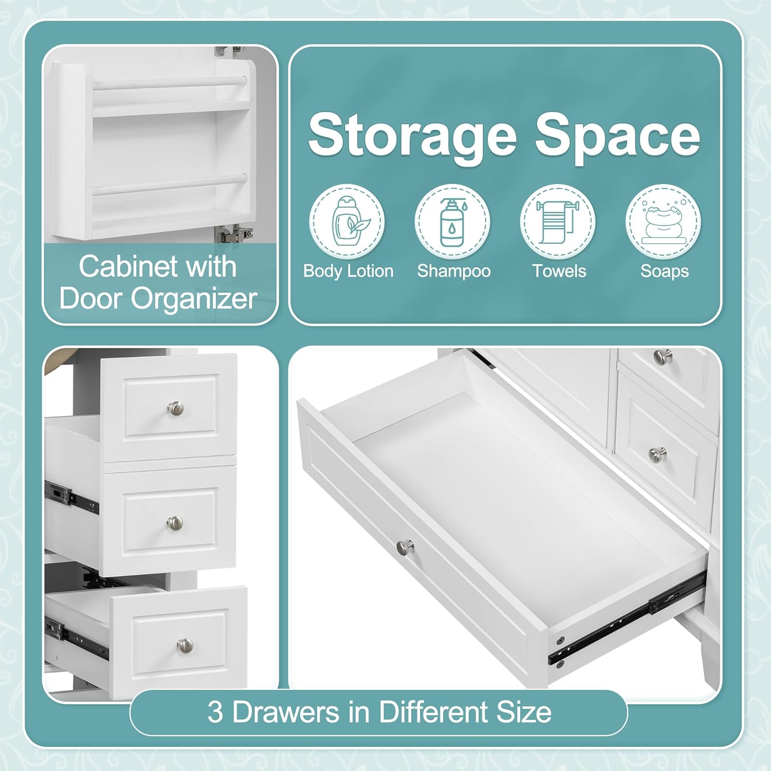 30" Bathroom Vanities with Ceramic Sink, Storage Cabinet with 3 Drawers and Door Shelf, Soft-Closing Door, Solid Wood Legs, White