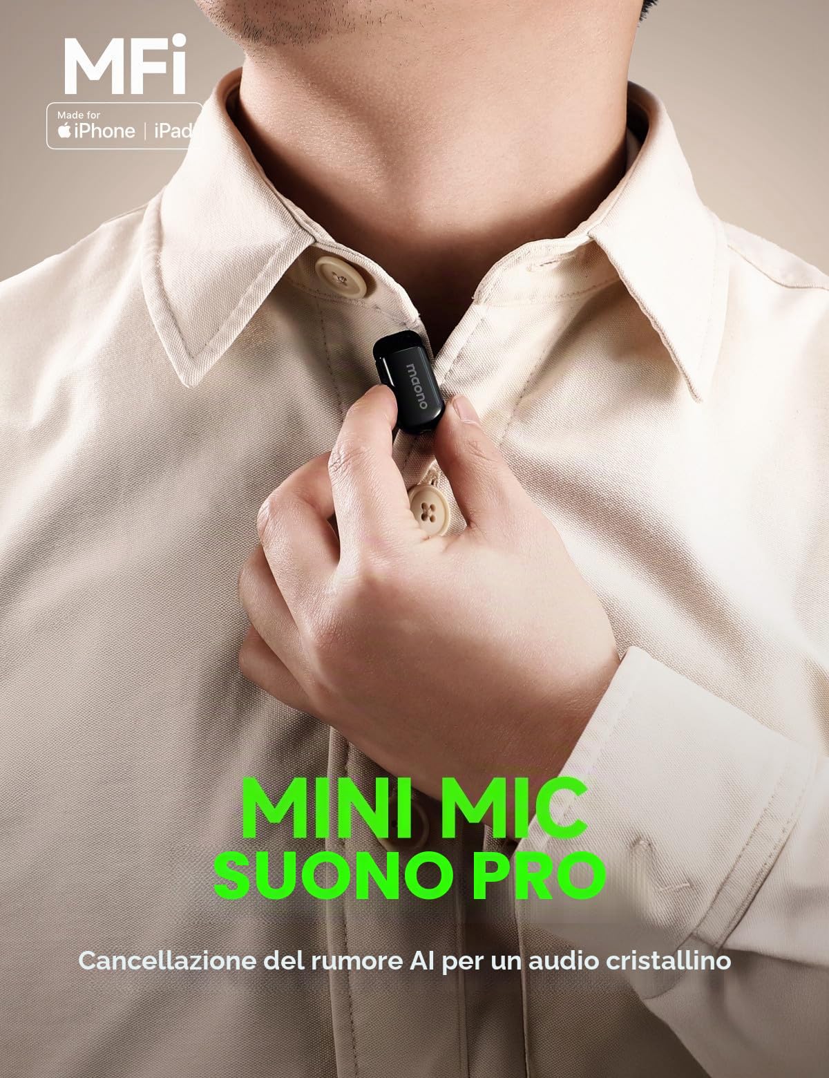 MAONO Wave T1 Mini Microfono Lavalier Wireless per iPhone 17 16 15, Android, Tablet, PC con USB-C, Cancellazione Rumore, Filtro AI, 30 Ore con Custodia di Ricarica per Video, TikTok, YouTube