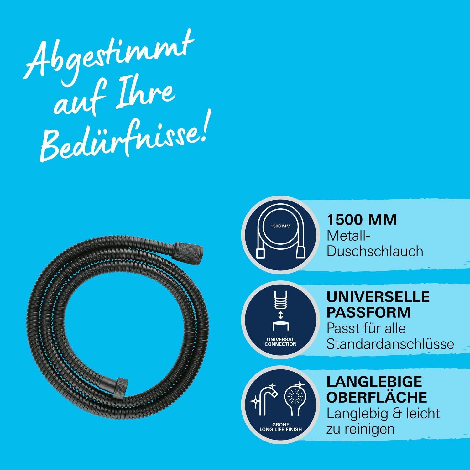 GROHE Vitalioflex - Metallbrauseschlauch (1500 mm, verstärkte Ausführung, knickfest, hitzebeständig), matt schwarz, 27502KS1